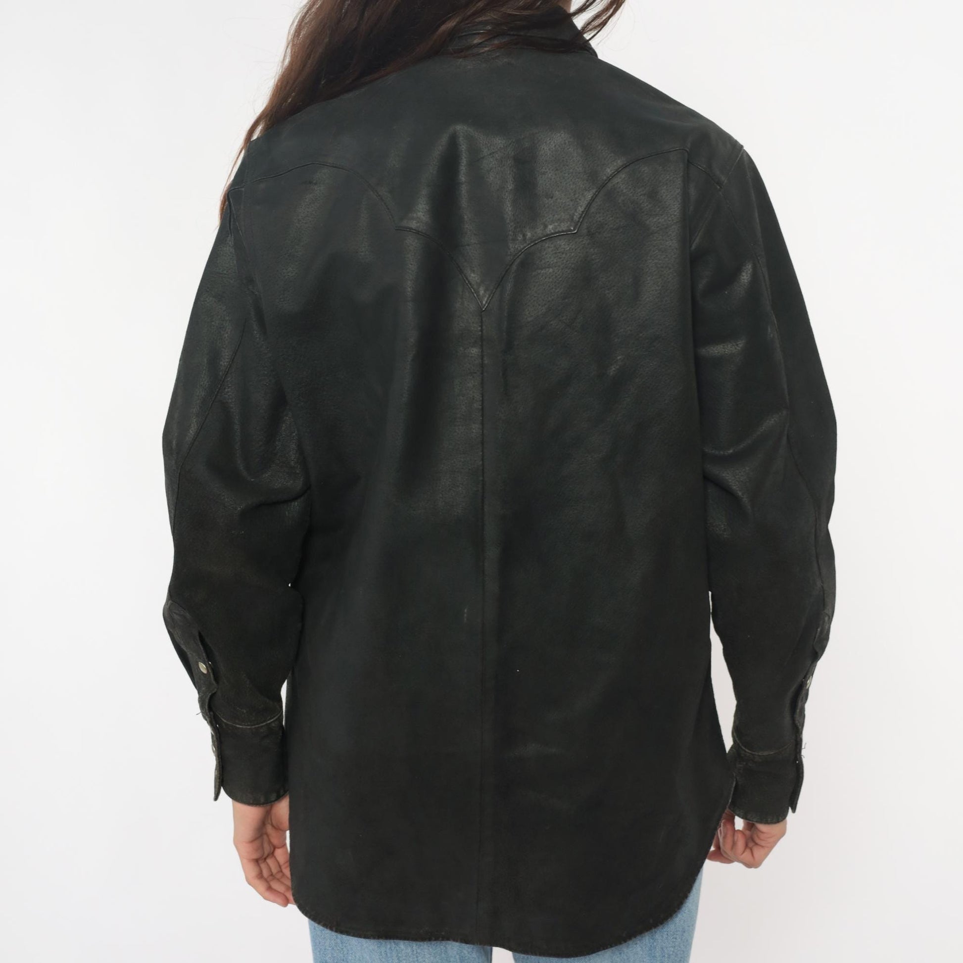 90s Neyries Black Leather Western Shirt Pearl Snap Pointed Yoke Large L