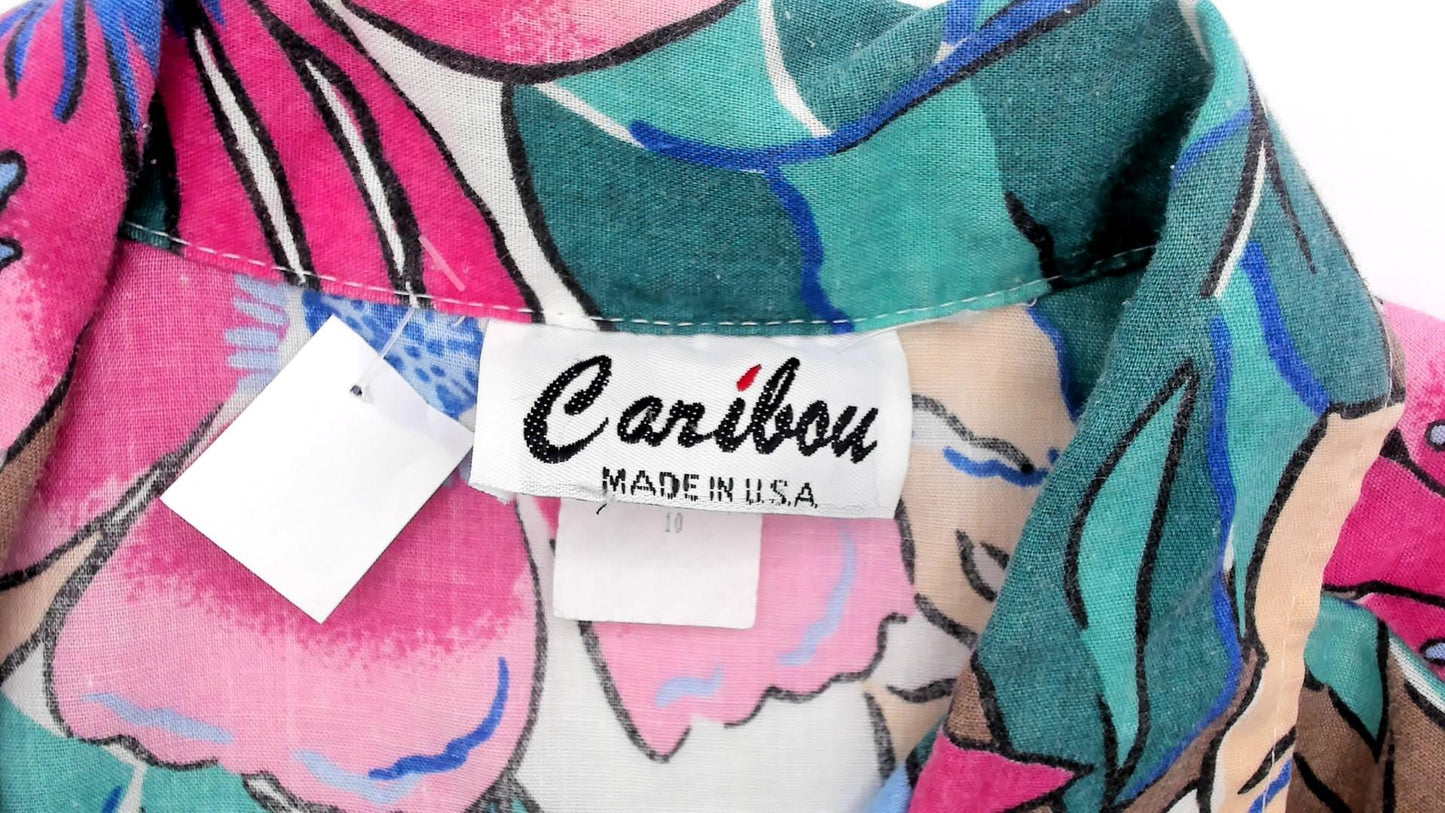 90s Caribou Tropical Floral Hawaiian Shirt Pink Blue Monstera Medium