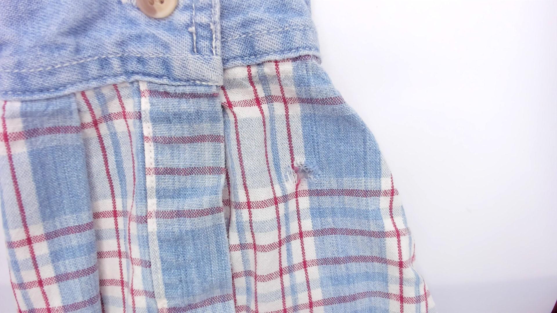 90s Paris Sport Club Plaid Button Down Shirt Denim Collar Cotton Large L
