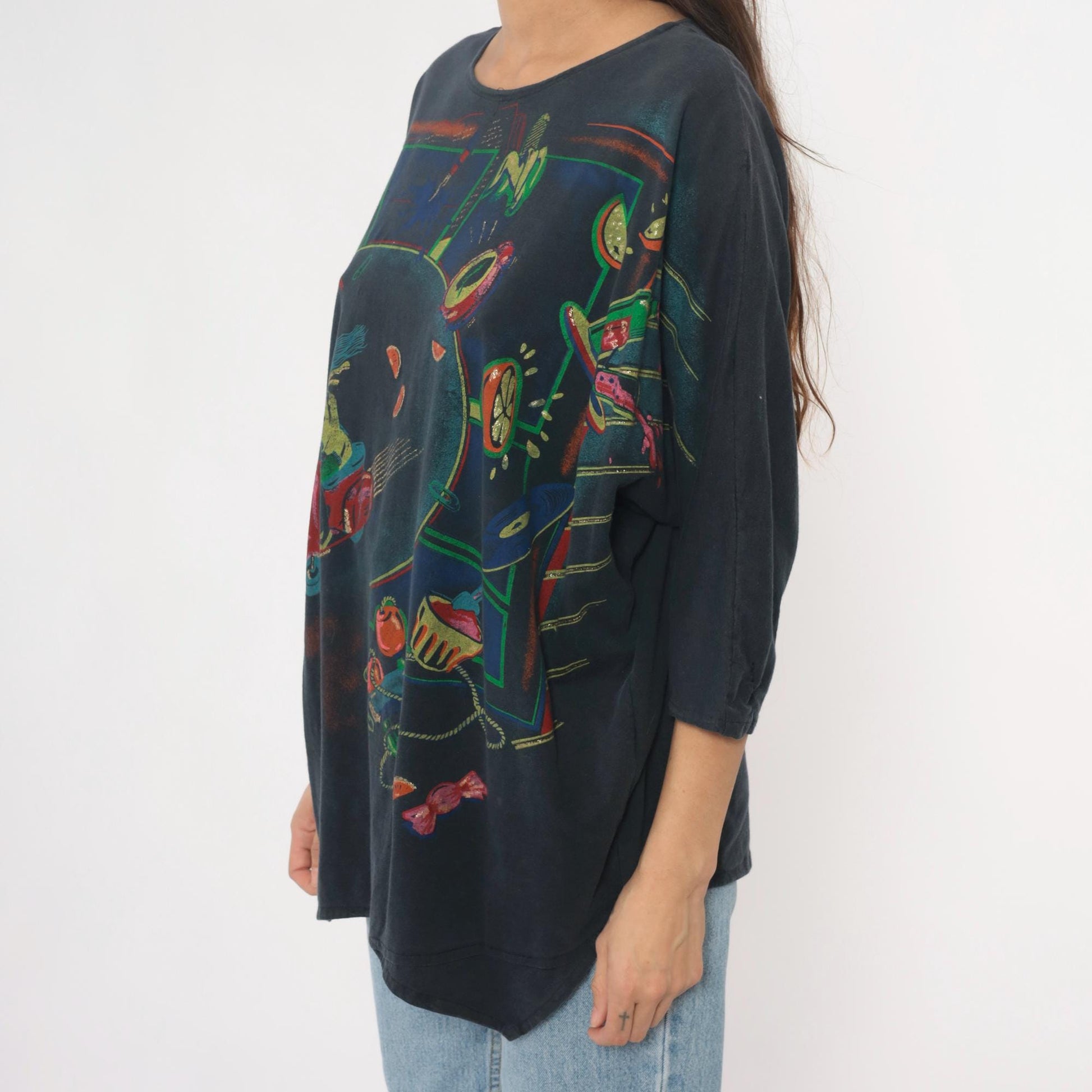 80s DT Company Vespa Scooter Graphic Tee Black Cotton Asymmetric Hem Large