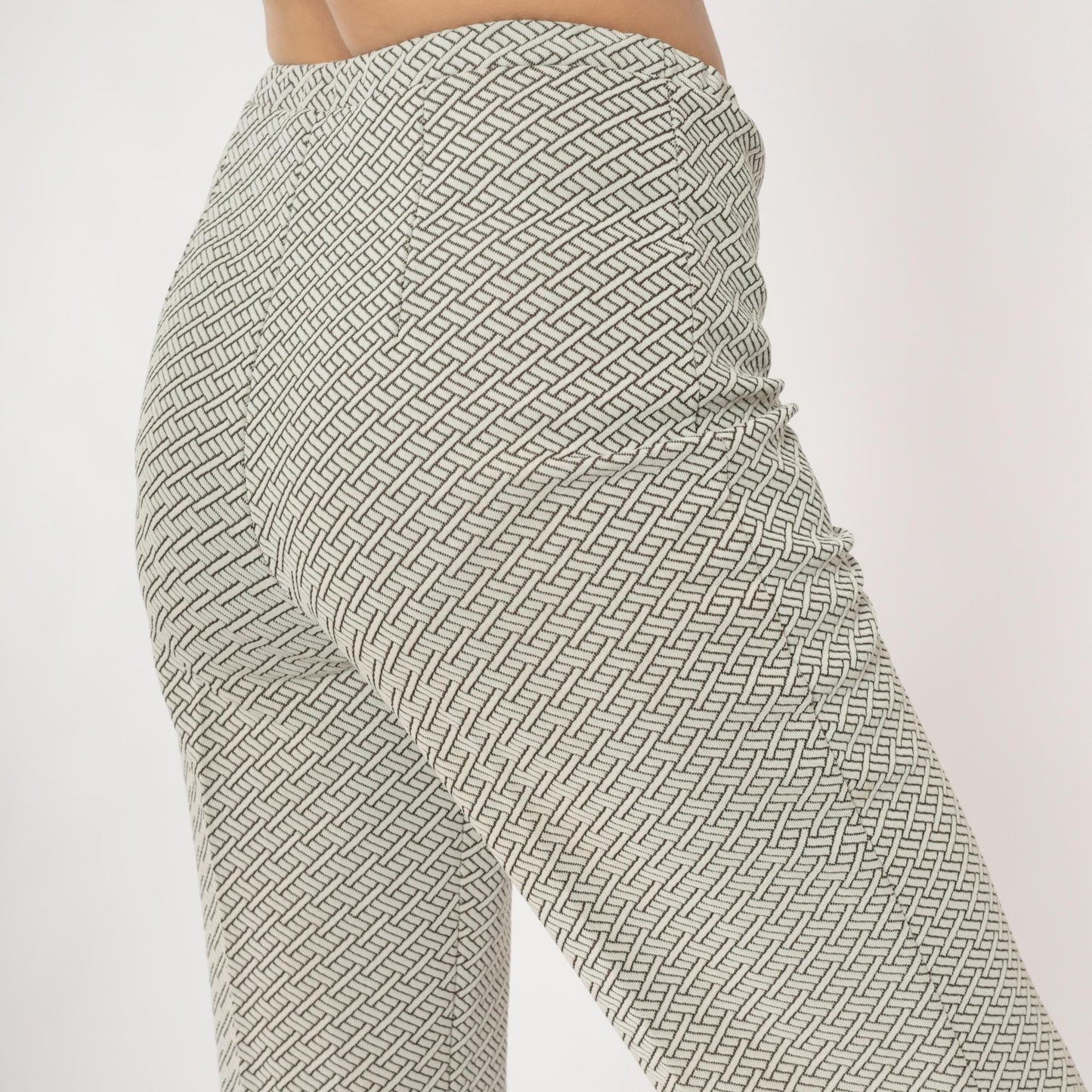 70s Geometric Basketweave Straight Leg Pants Cream Black High Waist Small