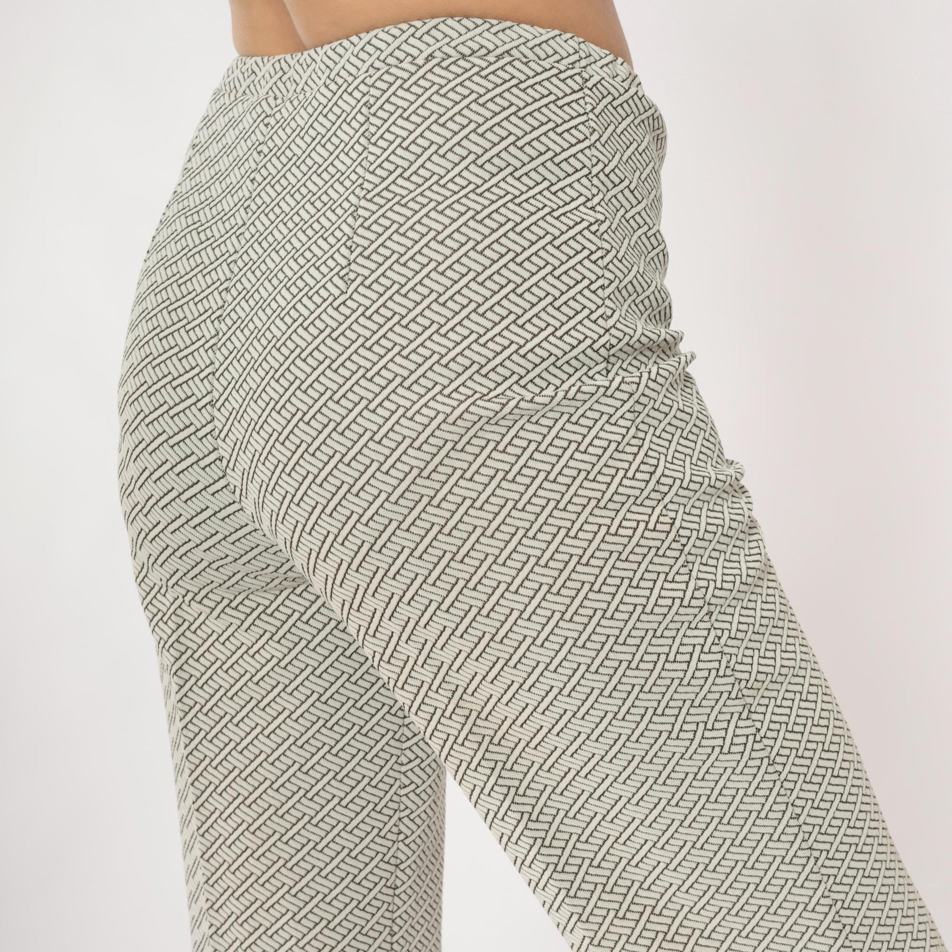 70s Geometric Basketweave Straight Leg Pants Cream Black High Waist Small
