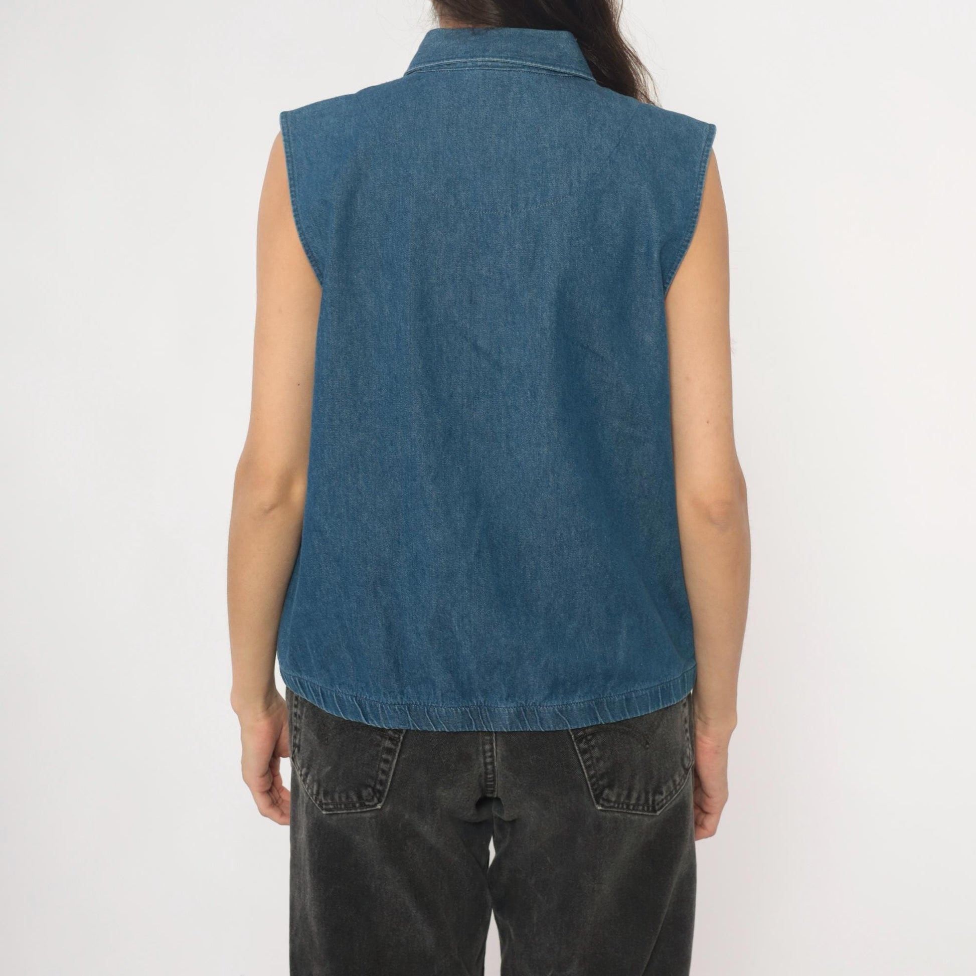 90s Allison Daley Denim Vest Embroidered Apple Basket Blue Collared Medium