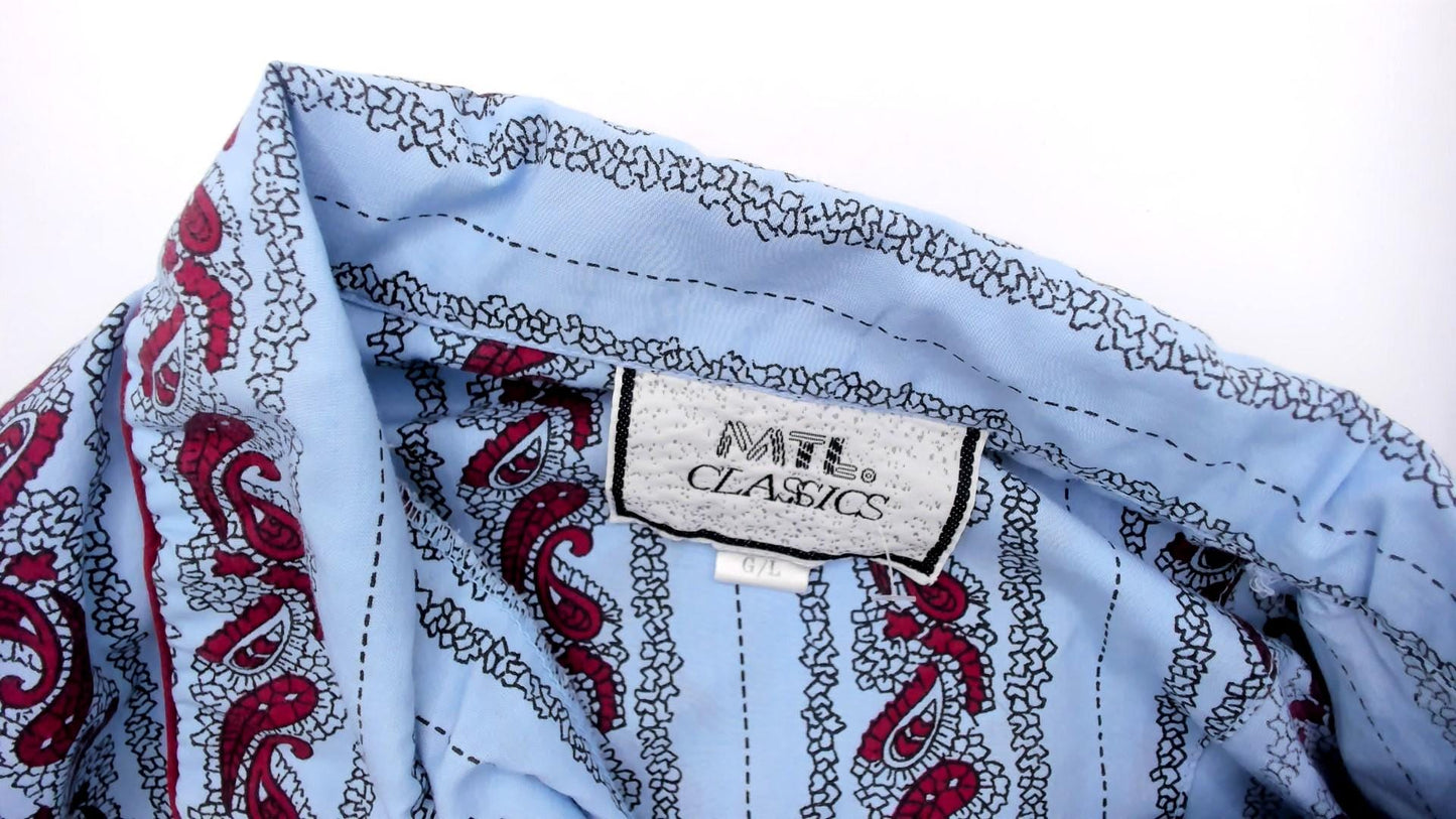 90s Paisley Stripe Pajama Shirt Light Blue Burgundy Cotton Notched Collar Large