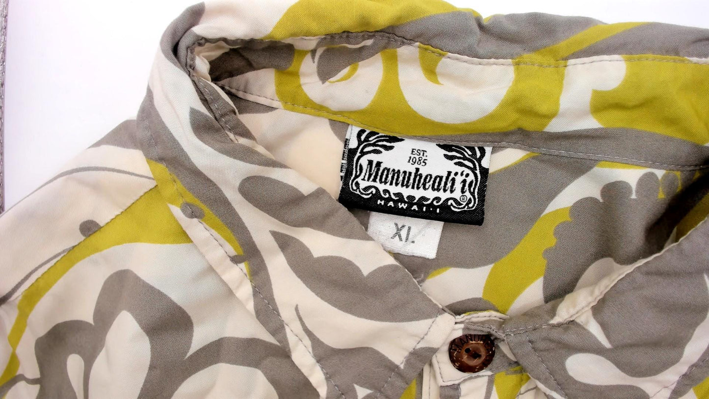 Y2K Manuhealii Psychedelic Swirl Shirt Cream Grey Chartreuse Extra Large XL