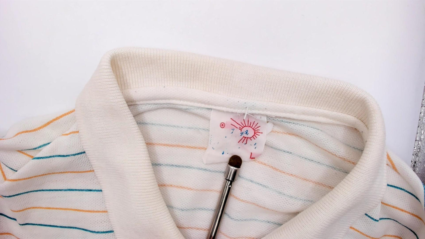 80s Country Club Polo Shirt Striped Cream Teal Peach Small