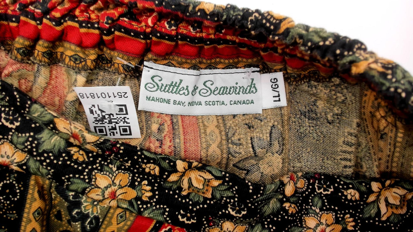90s Suttles an Seawinds Midi Skirt Paisley Floral Stripe Elastic Waist Large