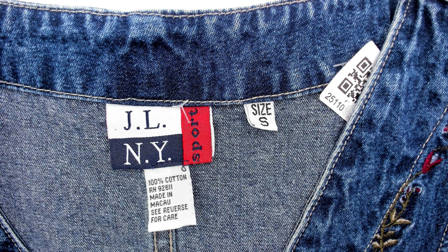 90s JL NY Sport Denim Mini Dress Floral Embroidery Blue Small