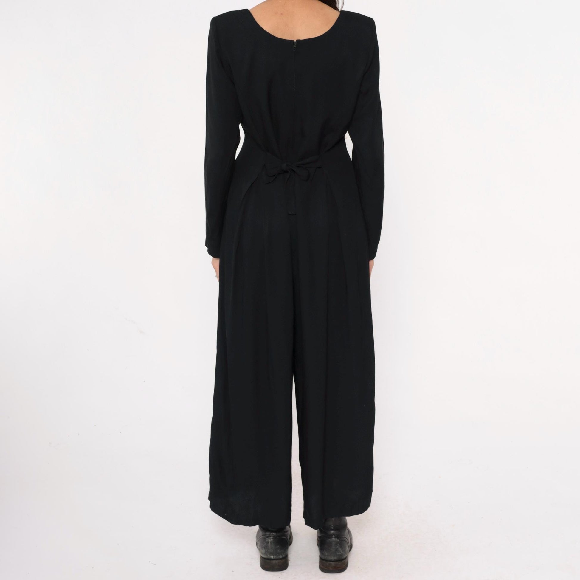 90s Express Black Wide-Leg Jumpsuit Tie Waist Long Sleeve Medium