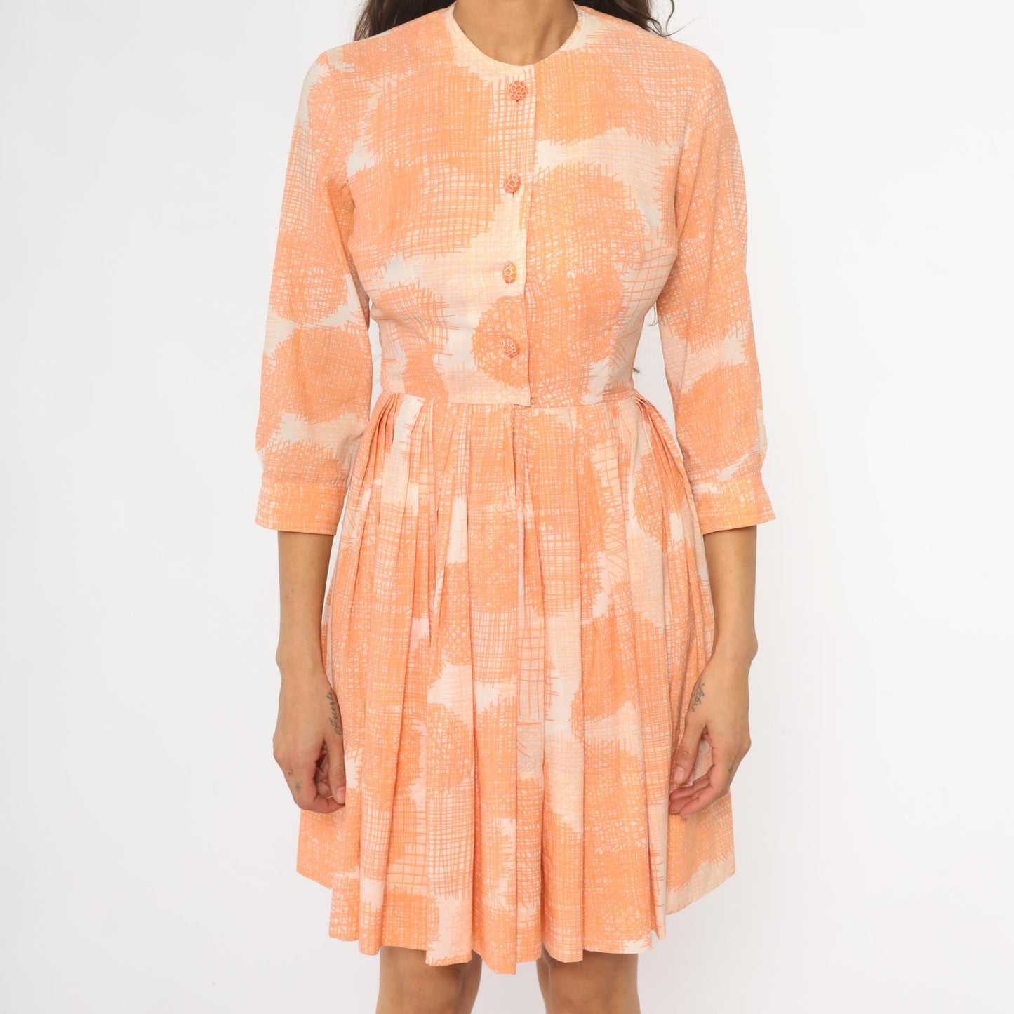 60s Peach Floral Button Front Dress Peter Pan Collar Pleated Skirt XS