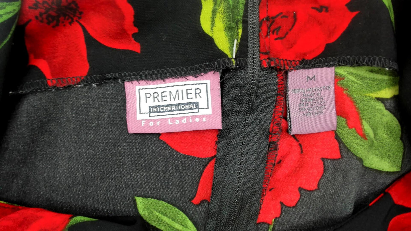 90s Black Maxi Dress Red Rose Floral Print Sleeveless Scoop Neck Medium