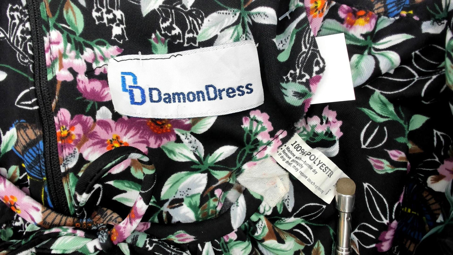 70s Black Floral Midi Dress Butterfly Print V-Neck Long Sleeve Extra Large