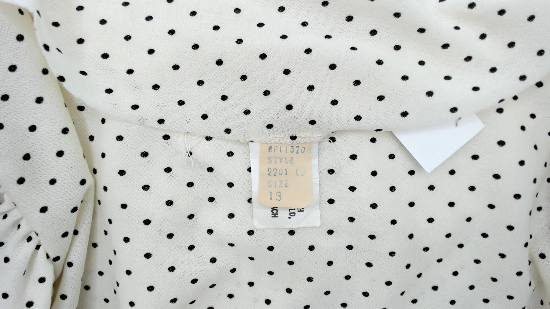 80s Ivory Polka Dot Midi Dress Ruffled Collar Long Sleeve Medium M