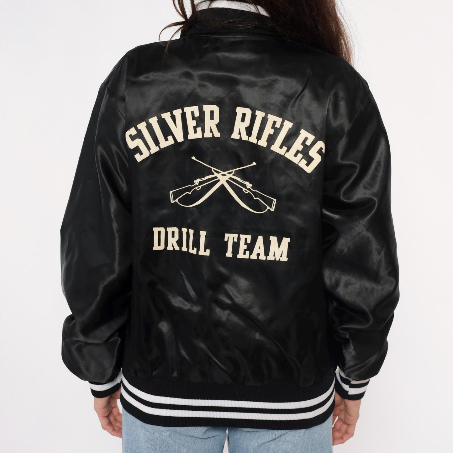 80s Black Satin Varsity Jacket Silver Rifles Drill Team Embroidered Medium