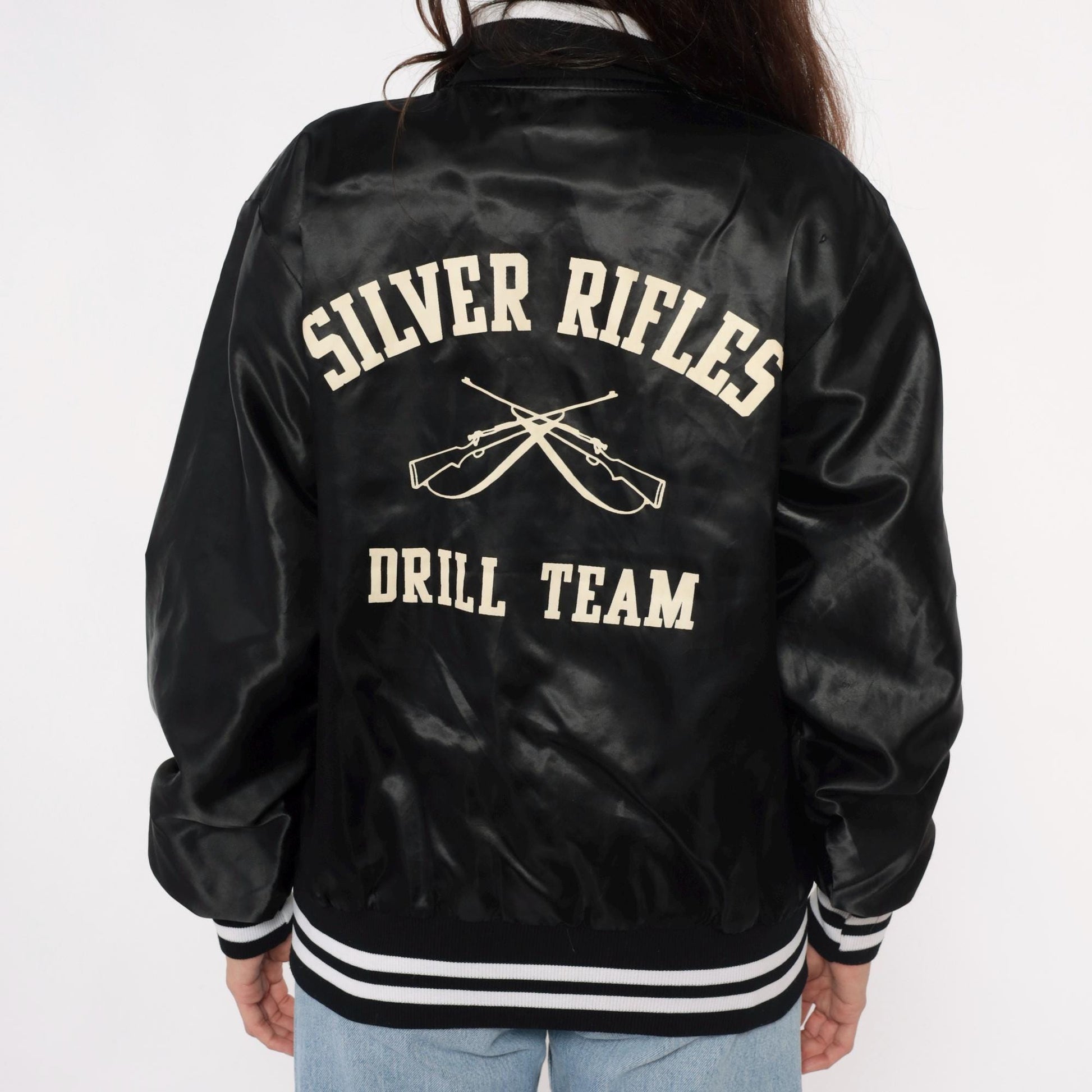 80s Black Satin Varsity Jacket Silver Rifles Drill Team Embroidered Medium