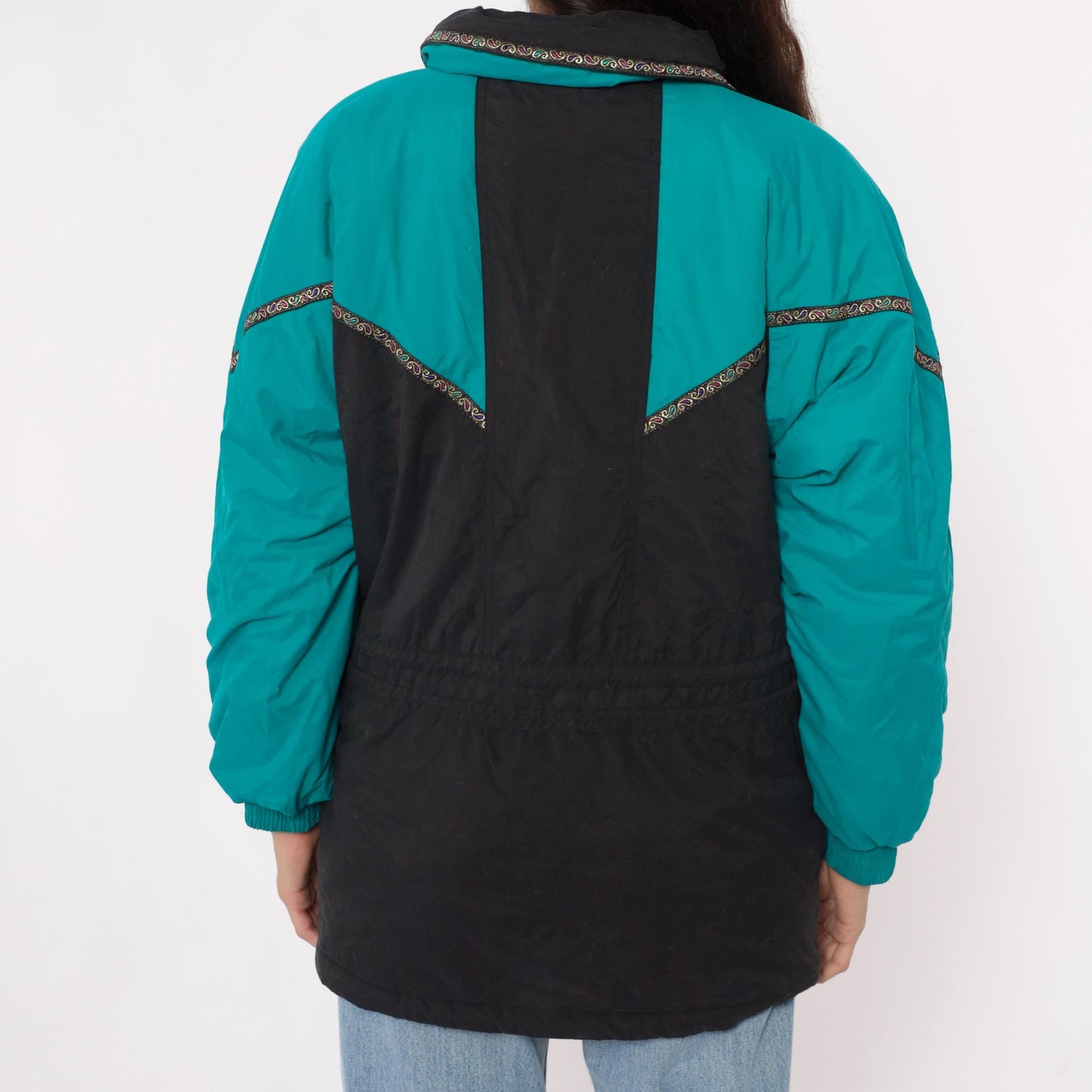 90s Colorblock Ski Jacket Teal Black Puffer Pink Zippers Small S