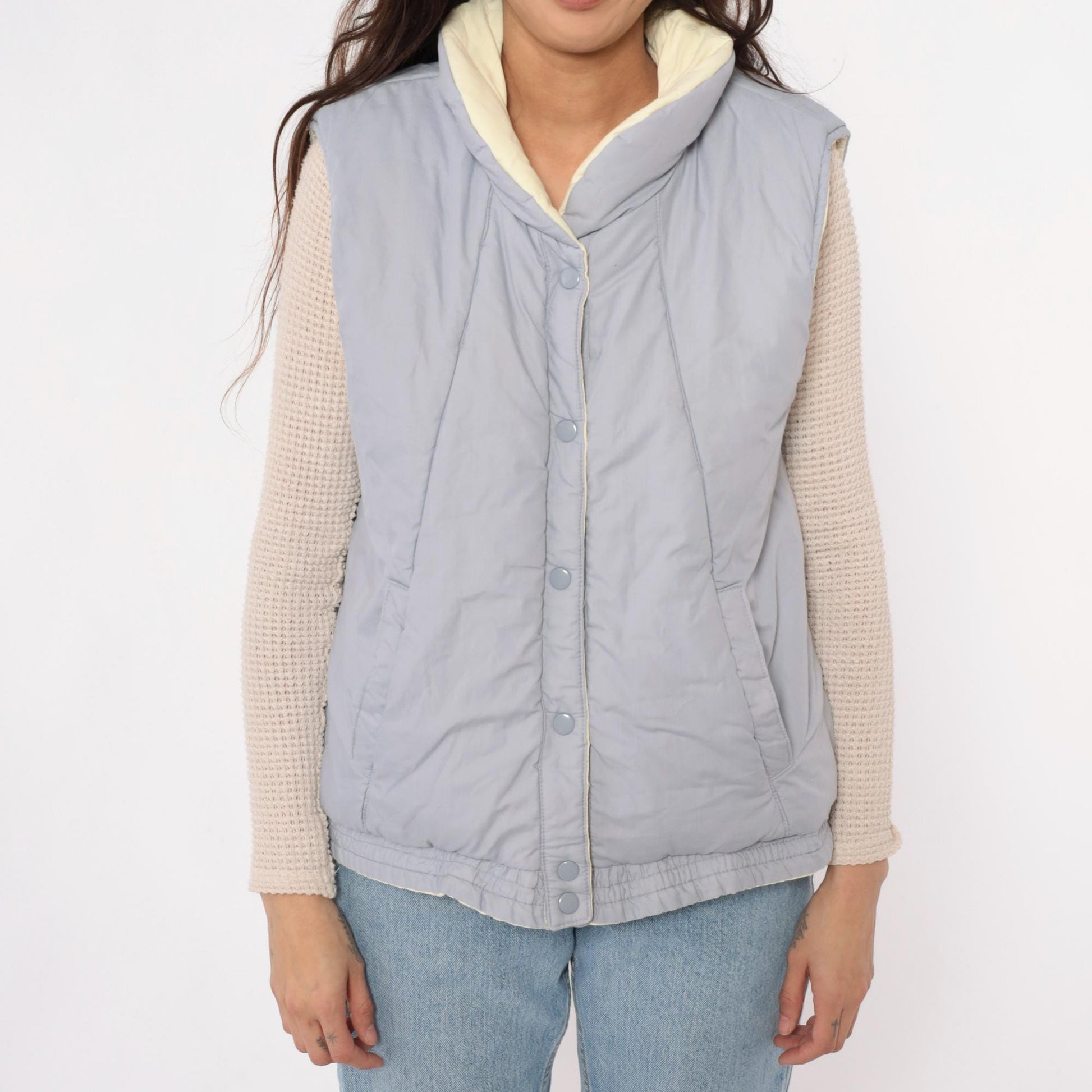 80s Reversible Quilted Vest Yellow Grey Puffer Sleeveless Medium