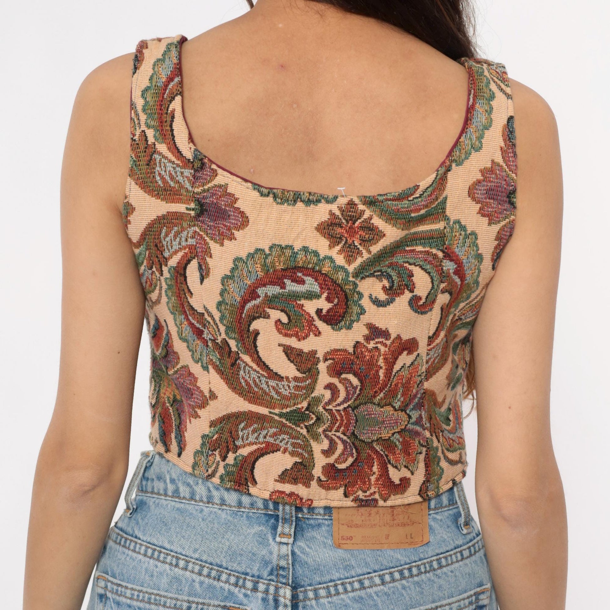 90s B Coole Designs Tapestry Lace-Up Vest Paisley Green Beige Small