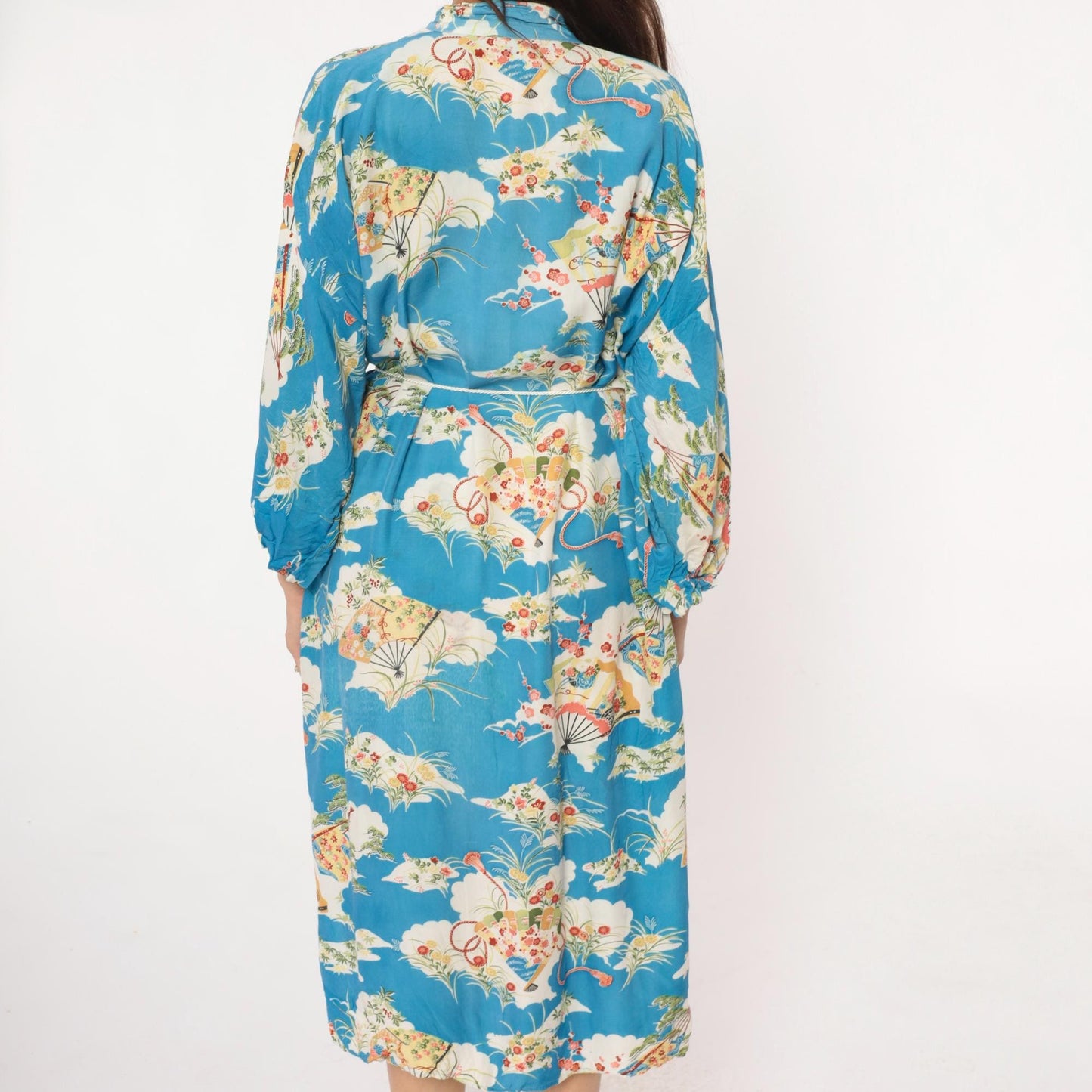 80s Japanese Fan Kimono Robe Blue Floral Maxi Cotton Wrap Large L