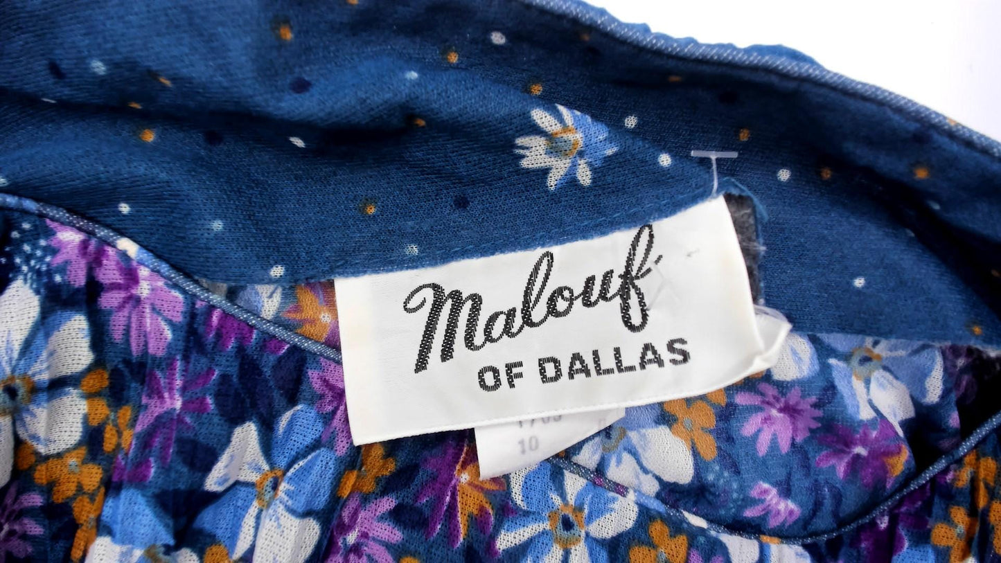 80s Malouf of Dallas Floral Midi Dress Blue Pleated Long Sleeve Medium