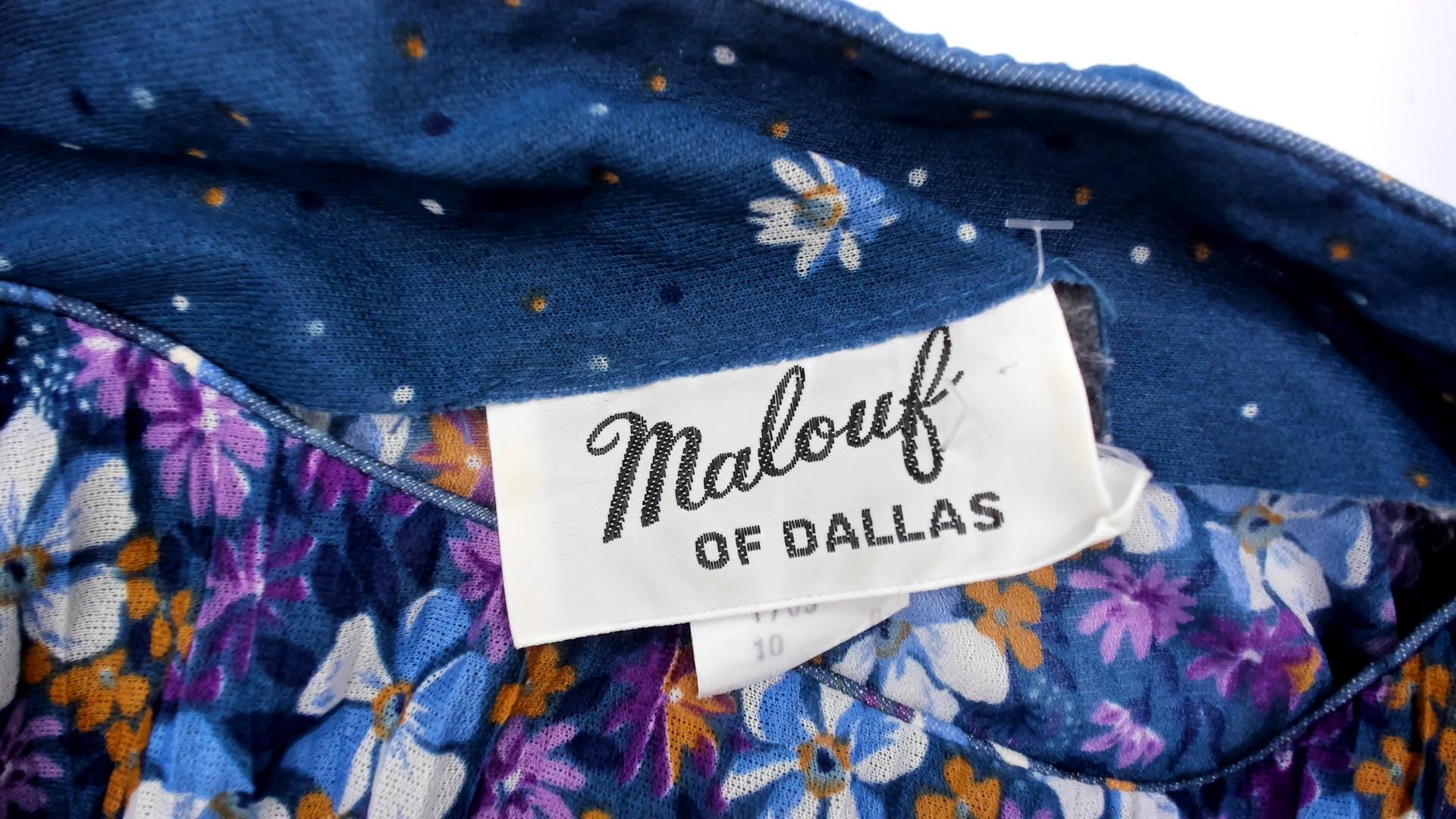 80s Malouf of Dallas Floral Midi Dress Blue Pleated Long Sleeve Medium