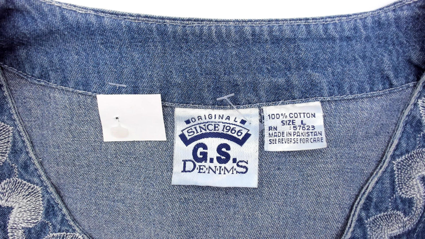 90s G.S. Denims Midi Dress Blue Embroidered Collar Gathered Waist Large L