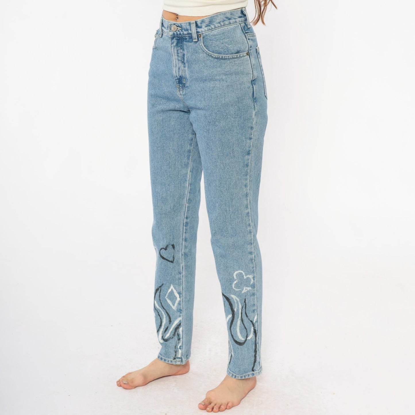 Y2K Light Wash Flame Painted Jeans High Waisted Straight Leg Size 6