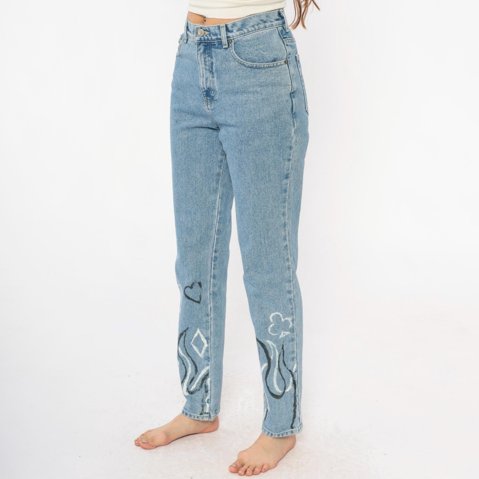 Y2K Light Wash Flame Painted Jeans High Waisted Straight Leg Size 6