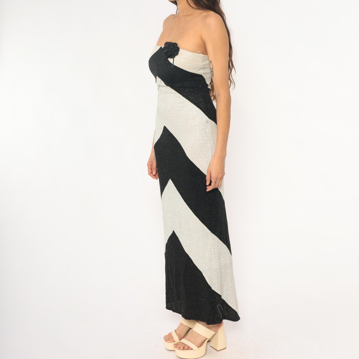 Y2K Pontic Prince Chevron Maxi Dress Black Cream Metallic Strapless Small
