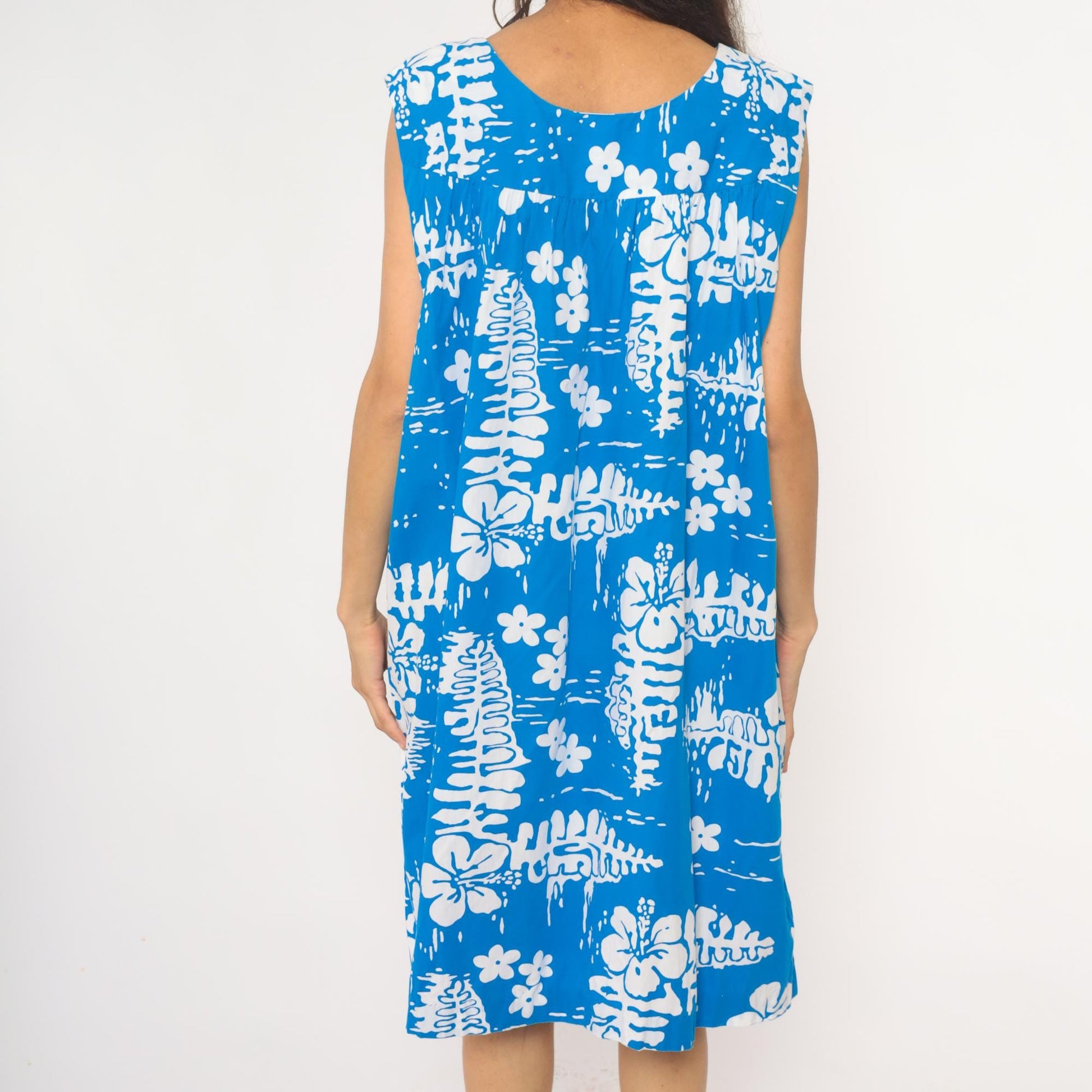 90s Hawaiian Tropical Floral Empire Waist Dress Blue Cotton Knee Length Medium