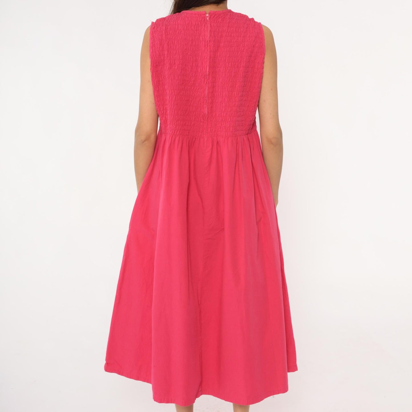 Y2K Coral Pink Maxi Dress Smocked Bodice Cotton Sleeveless Large