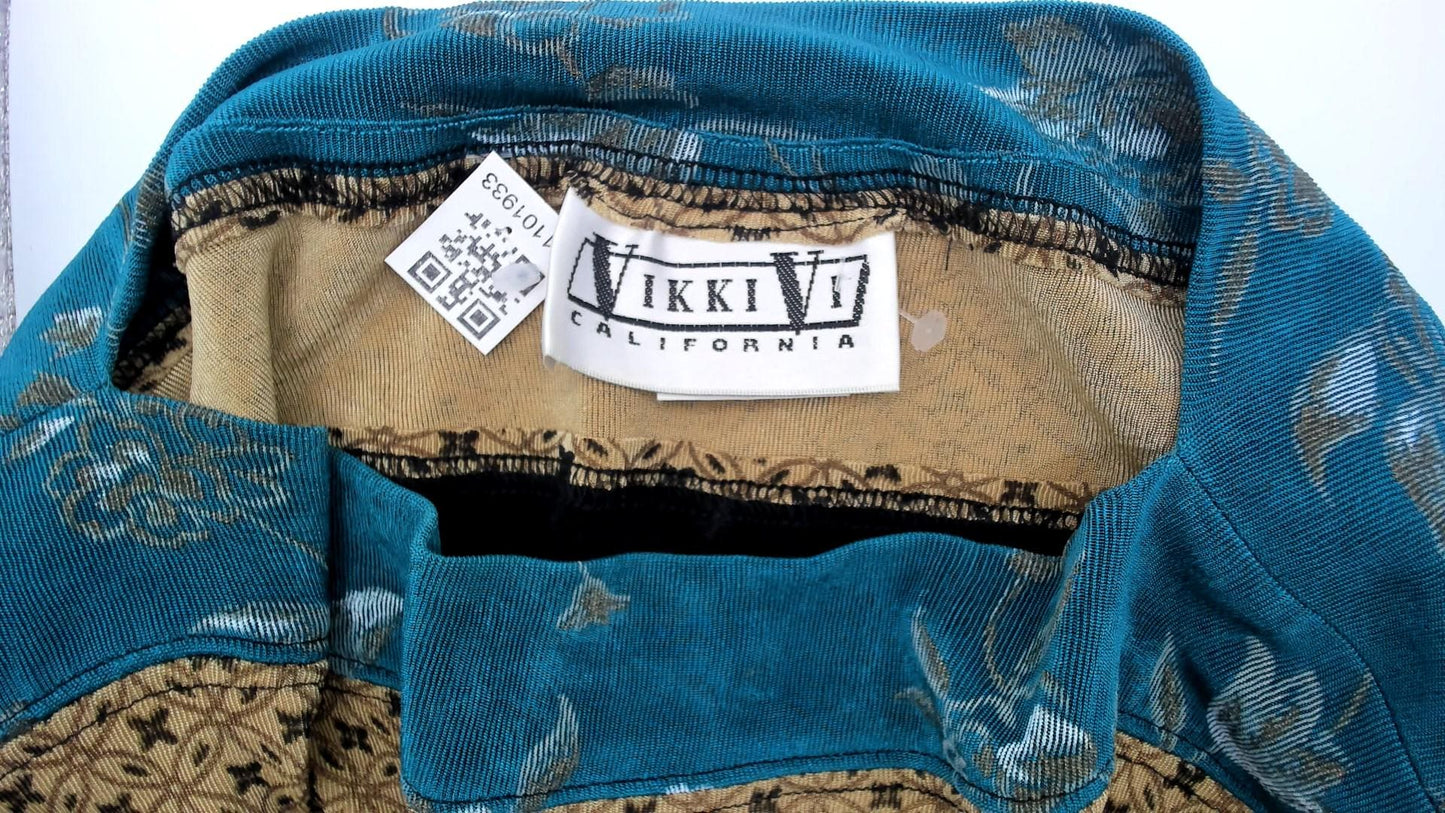 90s Vikki Vi Mini Dress Black Teal Floral Gold Colorblock Large L