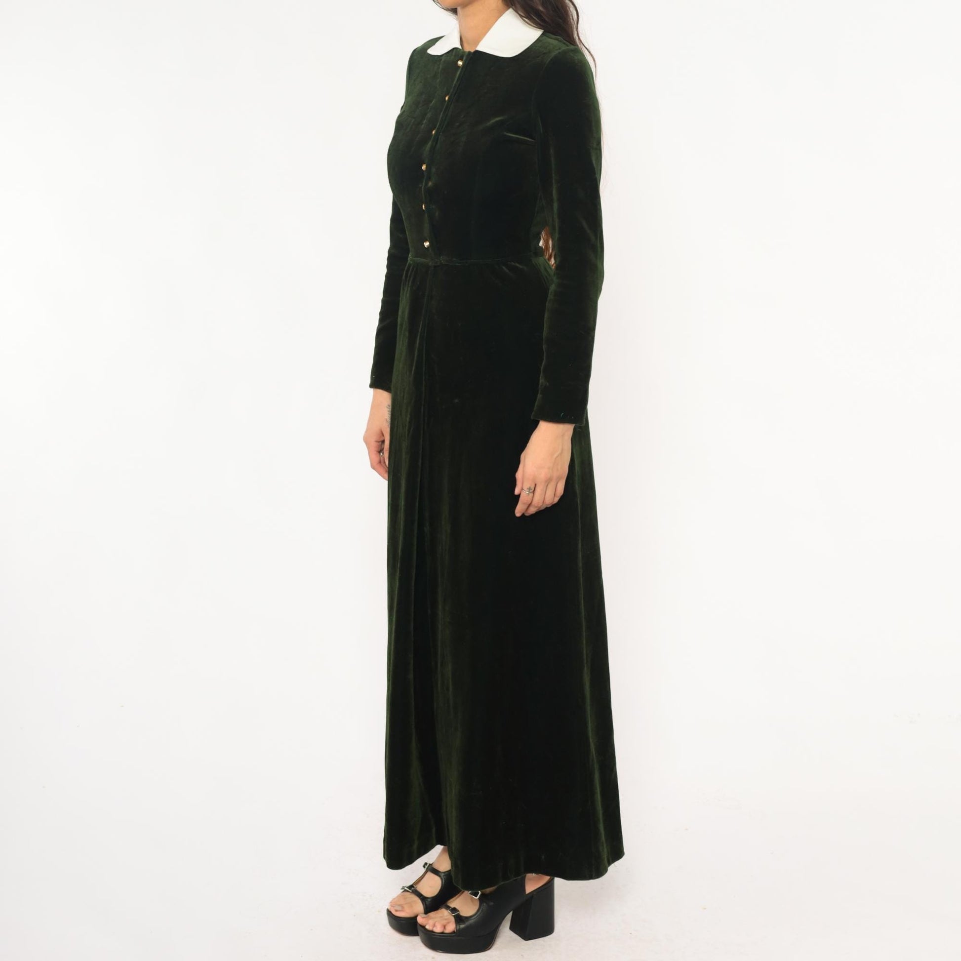 70s Dark Emerald Velvet Maxi Dress White Collar Long Sleeve Extra Small