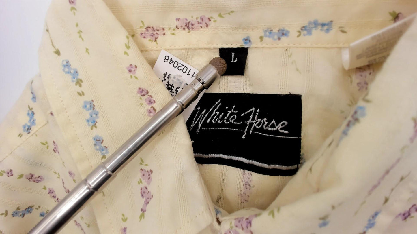 Y2K White Horse Western Shirt Pearl Snap Floral Stripe Cream Large L