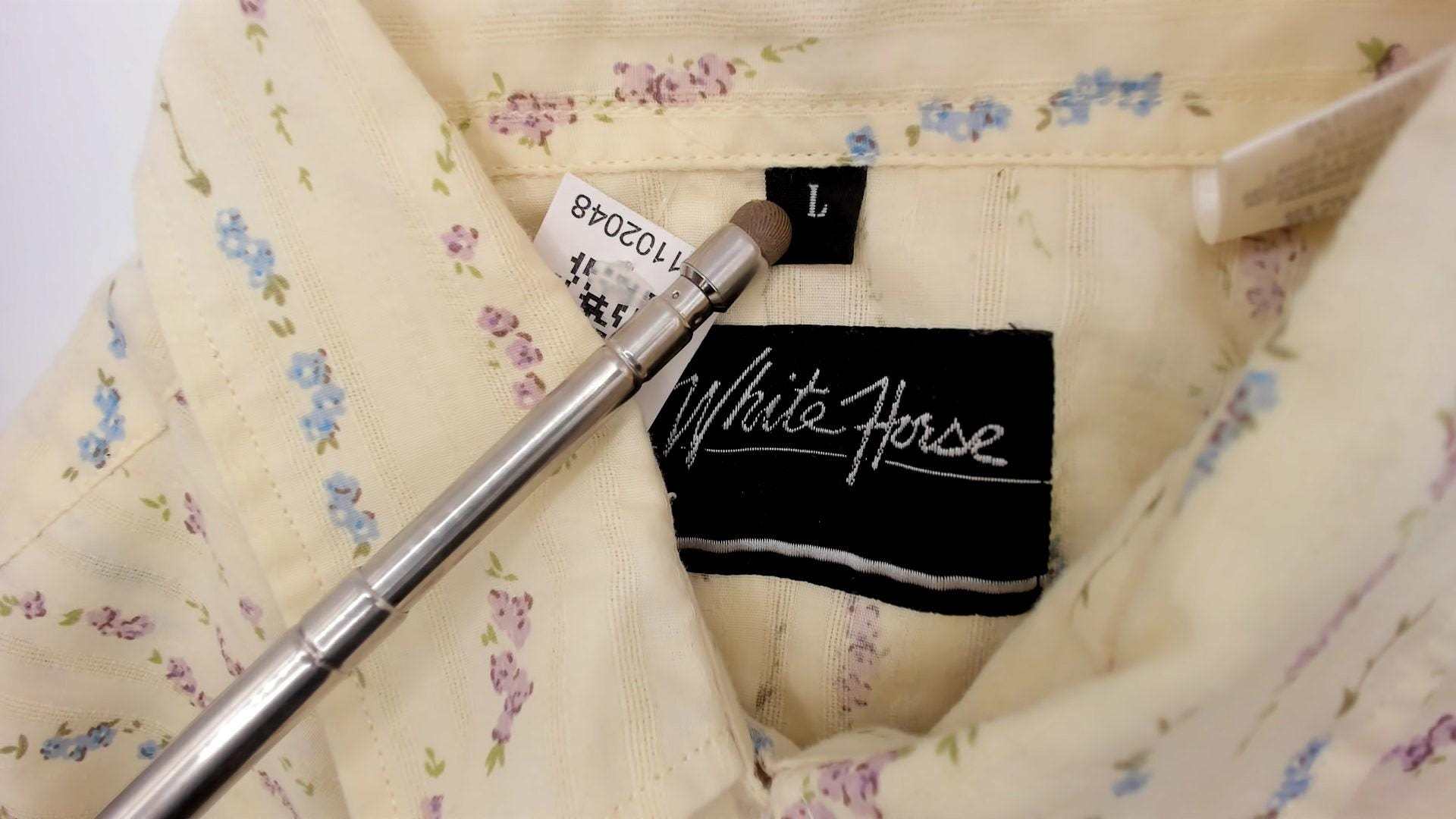 Y2K White Horse Western Shirt Pearl Snap Floral Stripe Cream Large L
