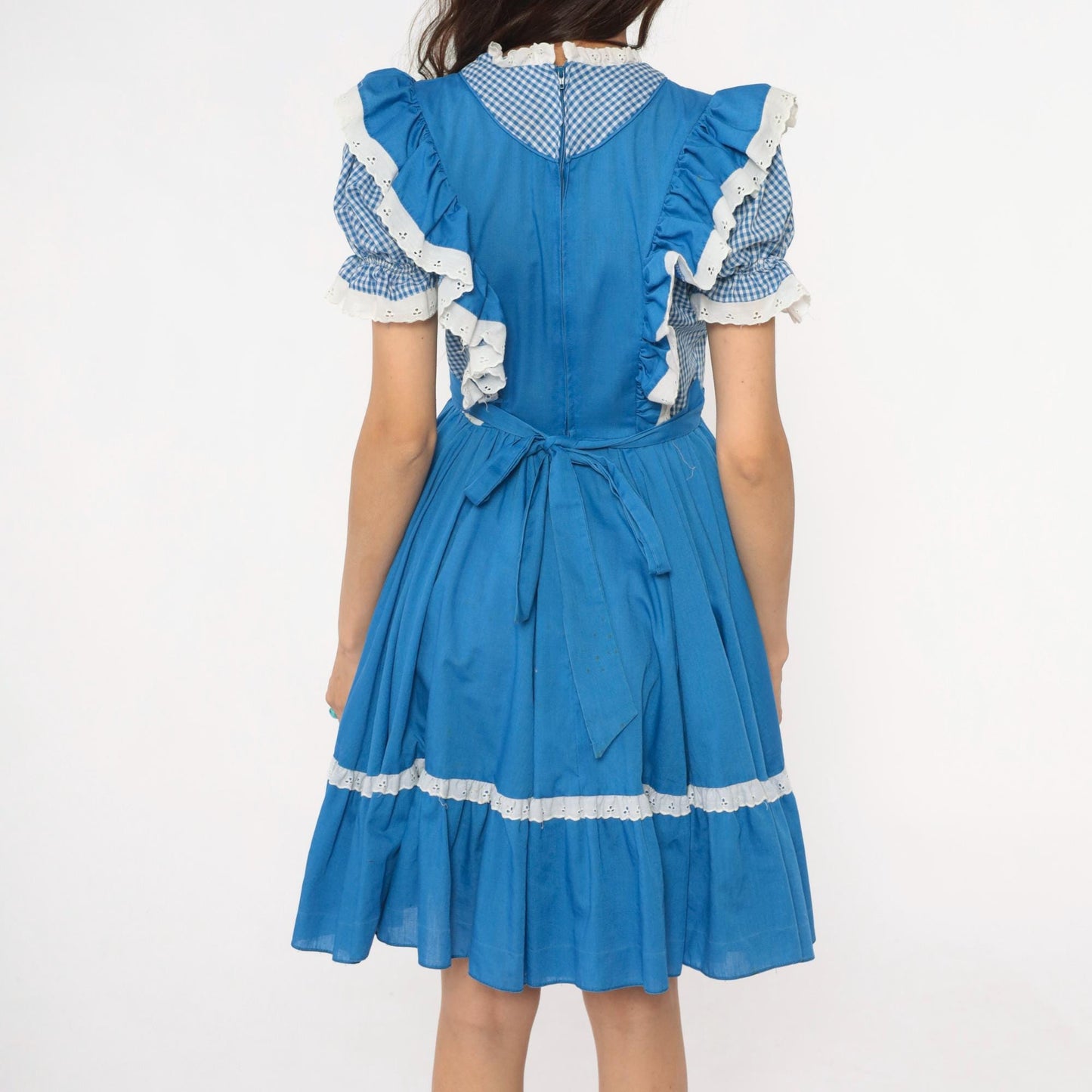 80s Jeri Bee Blue Gingham Pinafore Dress Eyelet Lace Puff Sleeve Small Medium