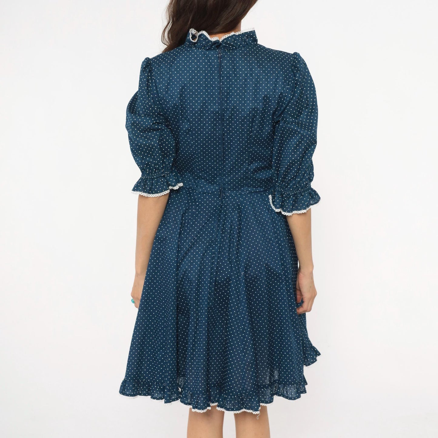 80s Navy Polka Dot Square Dance Dress White Eyelet Ruffle Cotton Small
