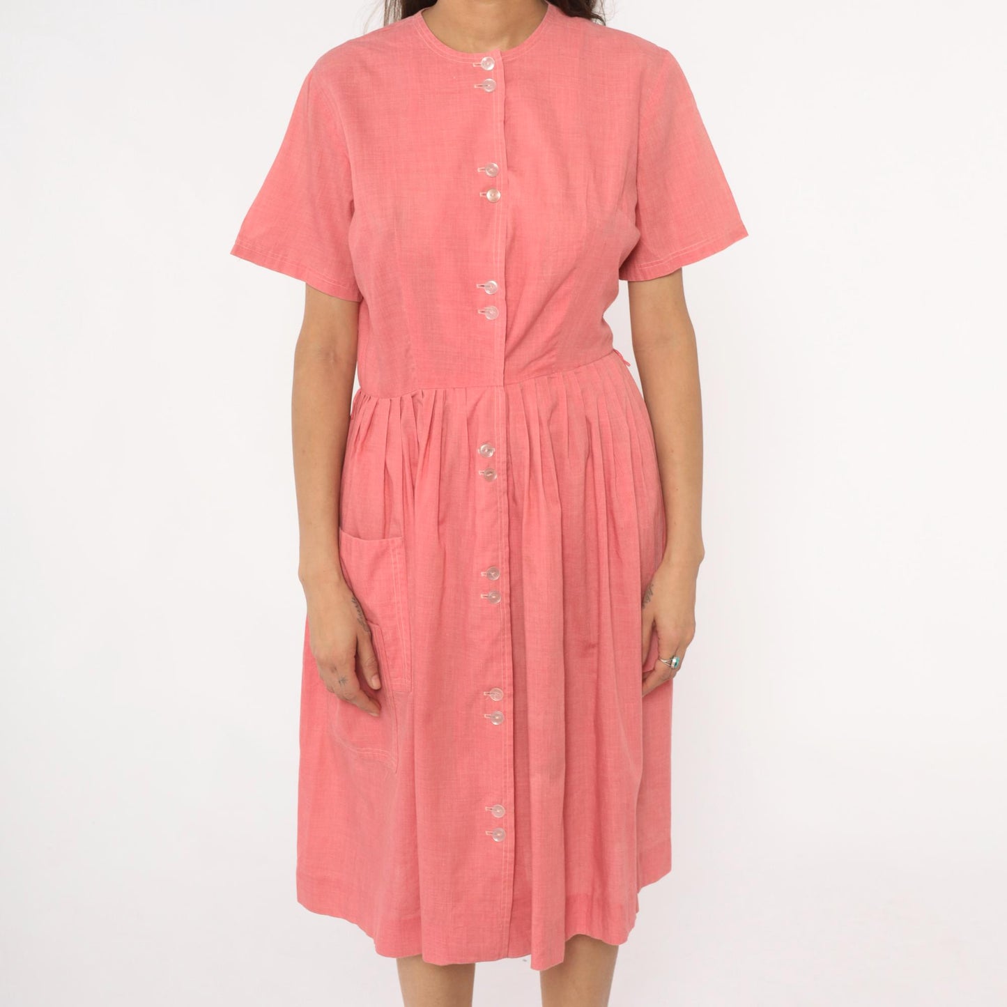 70s Coral Pink Cotton Day Dress Button Front Gathered Skirt Pockets Medium Large