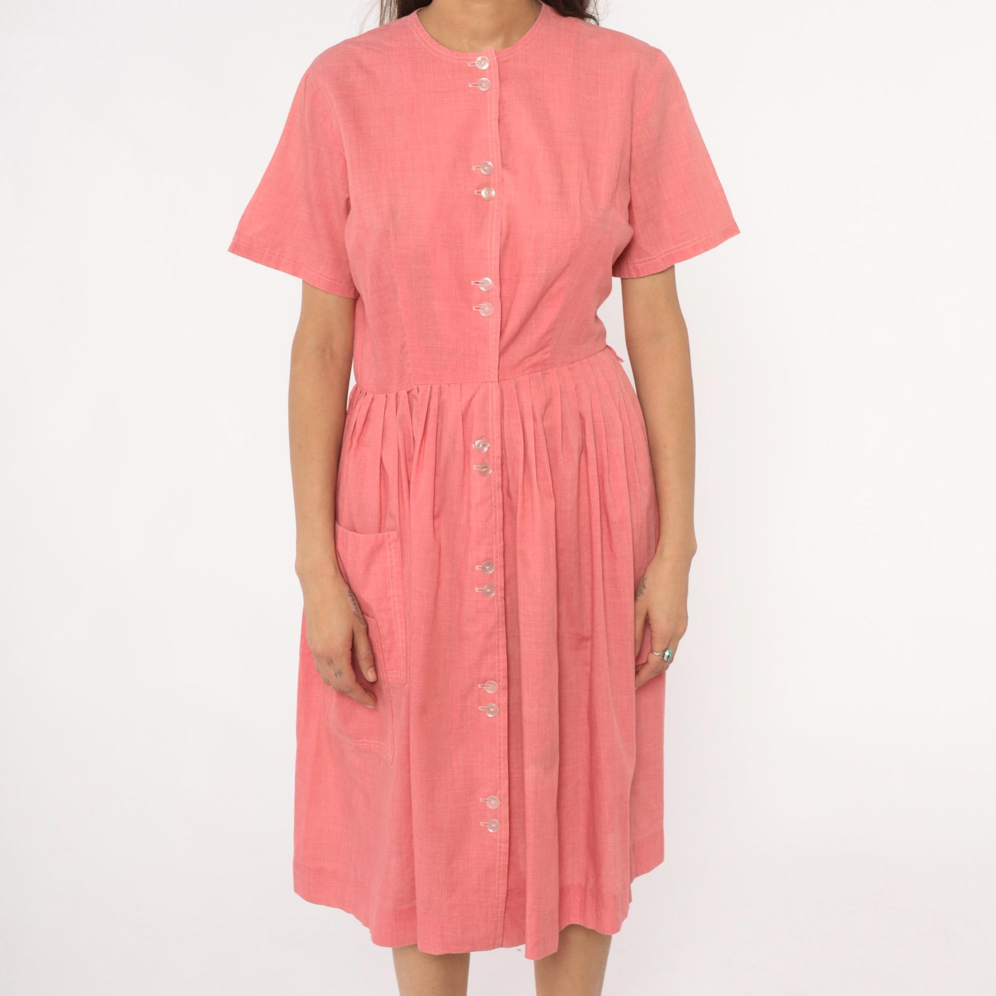 70s Coral Pink Cotton Day Dress Button Front Gathered Skirt Pockets Medium Large