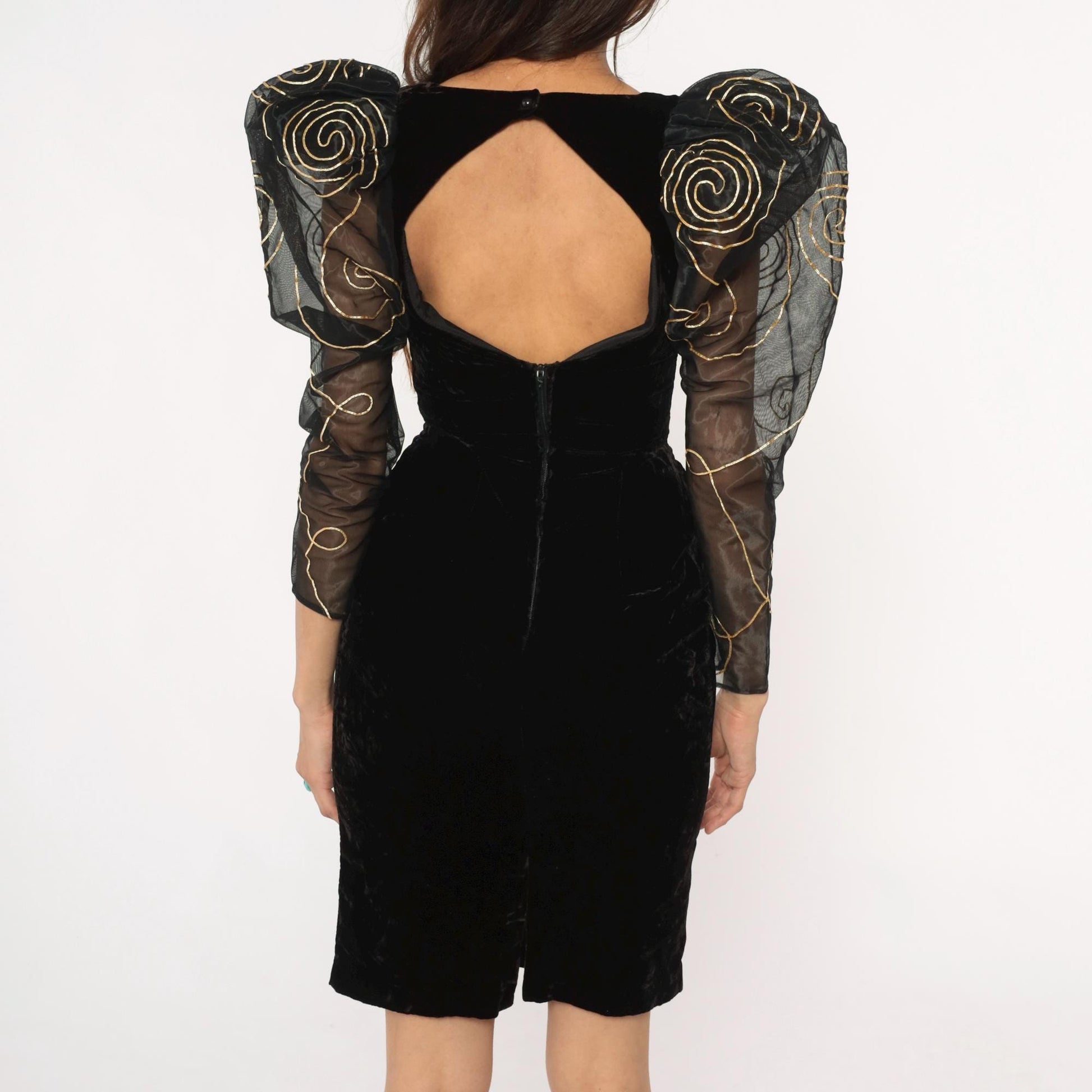 90s Black Velvet Puff Sleeve Dress Gold Embroidered Organza Open Back Small