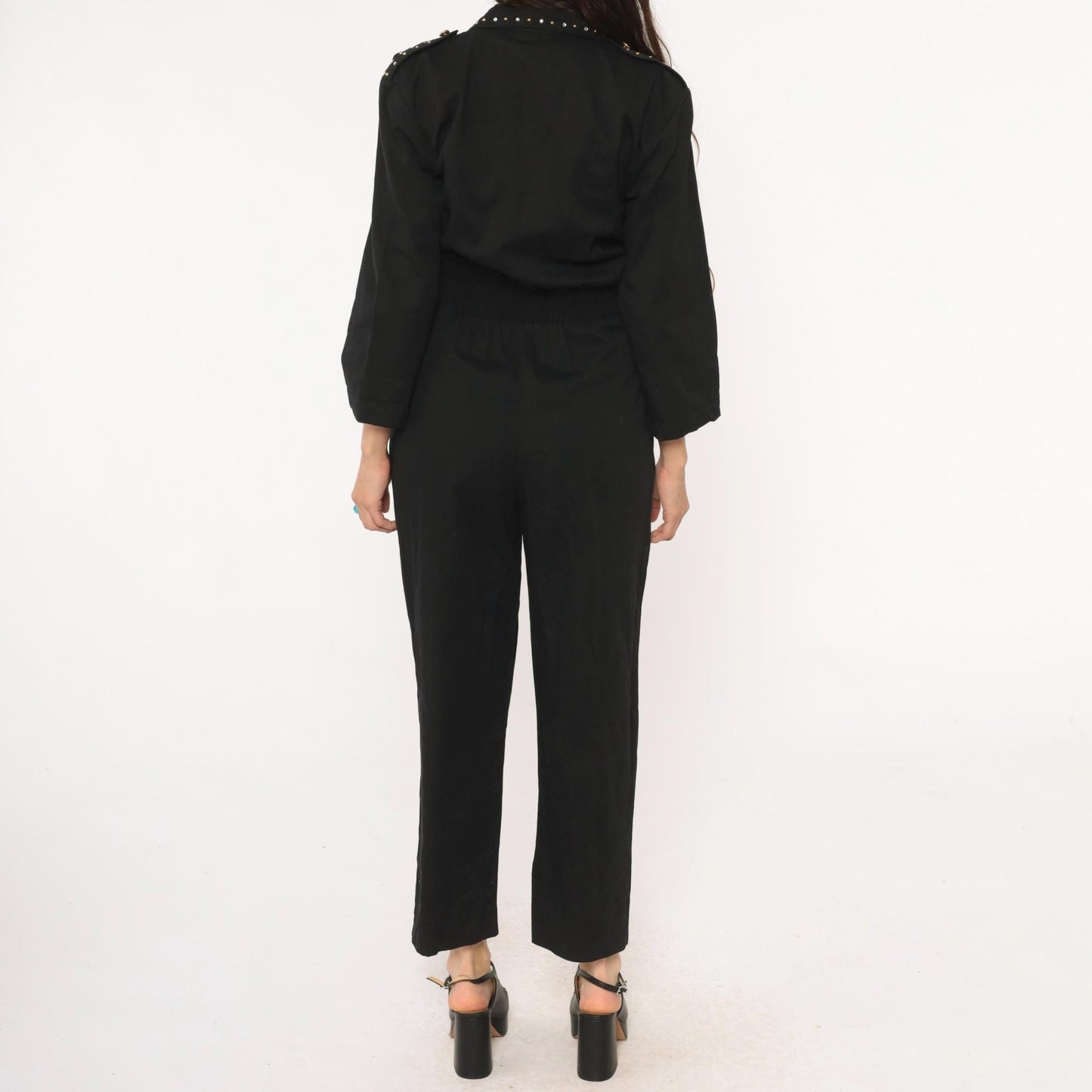 90s D Frank Black Cotton Jumpsuit Rhinestone V-Neck Wide Leg Small S