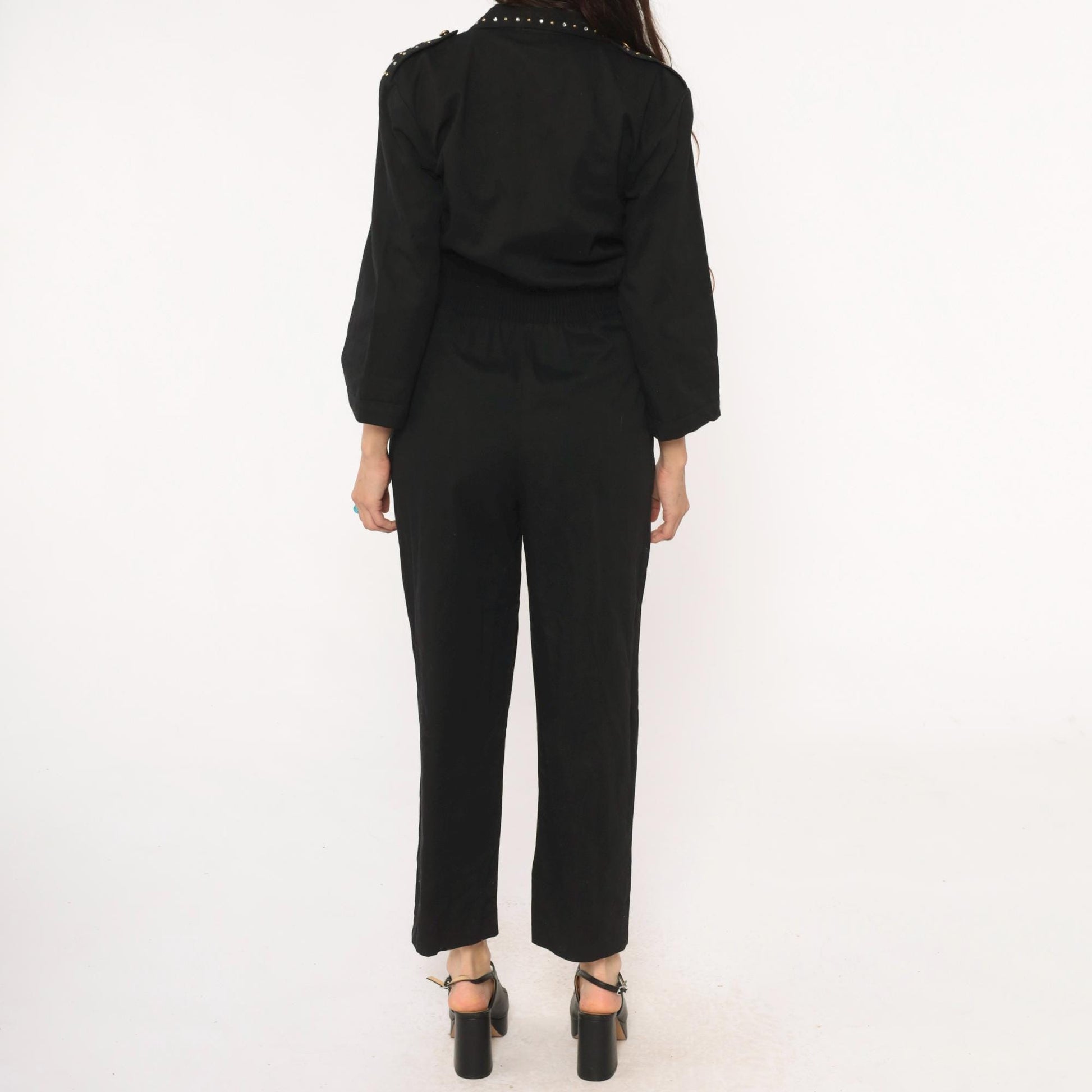90s D Frank Black Cotton Jumpsuit Rhinestone V-Neck Wide Leg Small S