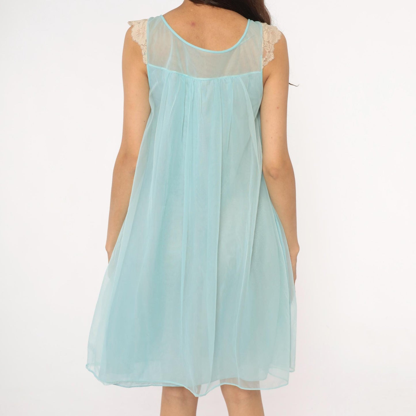 70s Aqua Babydoll Nightgown Sheer Lace Empire Waist Negligee Medium