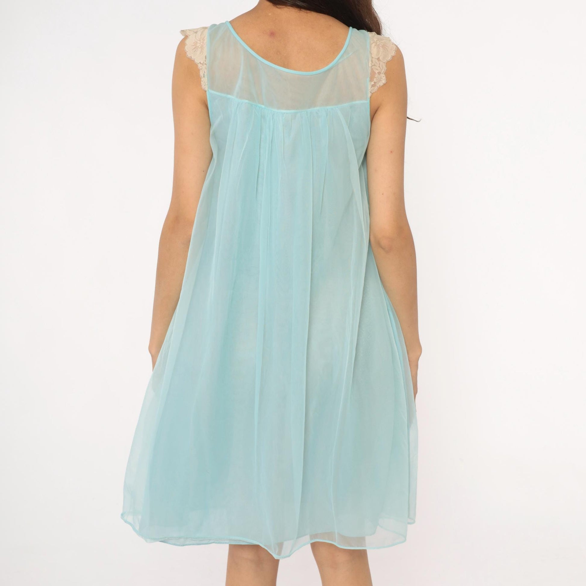 70s Aqua Babydoll Nightgown Sheer Lace Empire Waist Negligee Medium