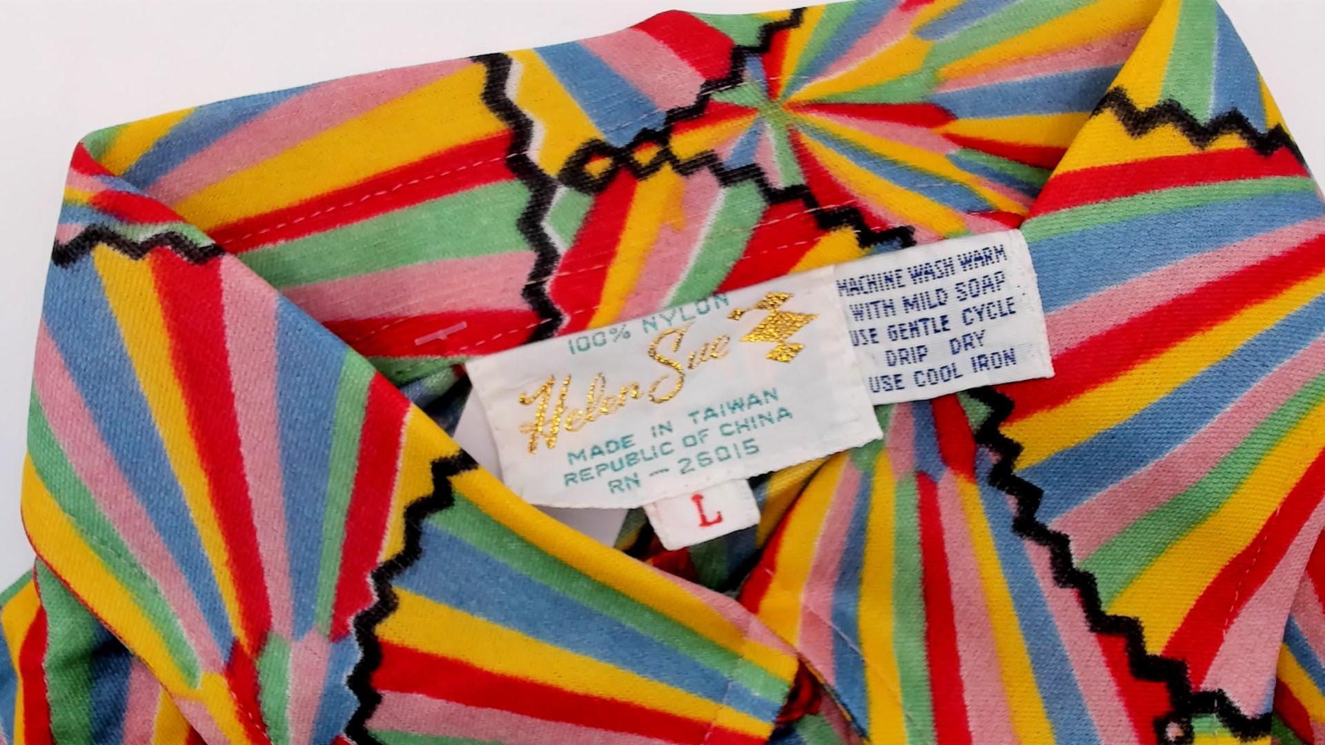 70s Helen Sue Geometric Fan Sunburst Blouse Multicolor Striped Collared Medium