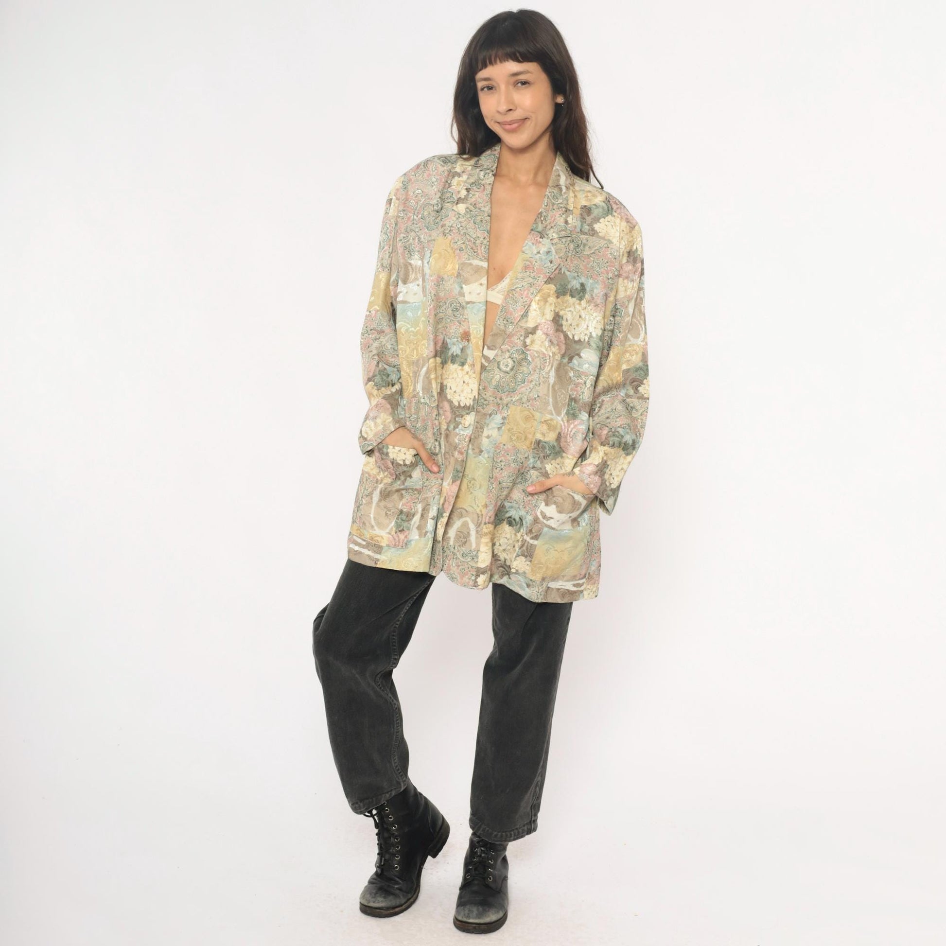 90s Melissa Robyn Floral Paisley Open Blazer Cream Multi Medium