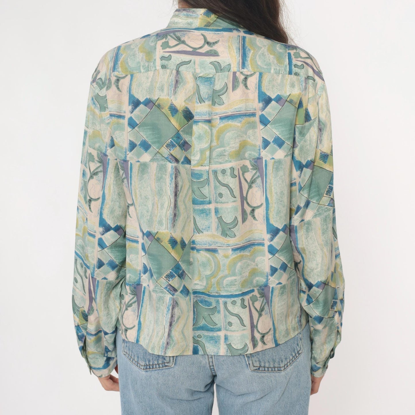 90s Silk Blouse Abstract Geometric Print Blue Green Cream Button Front Medium M