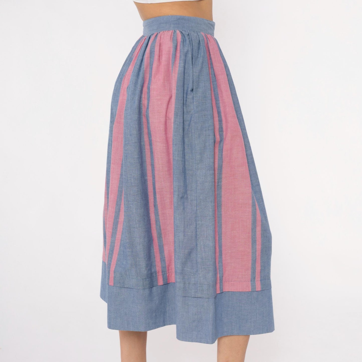 80s Blue Pink Striped Midi Skirt High Waist Gathered Full Skirt Small S