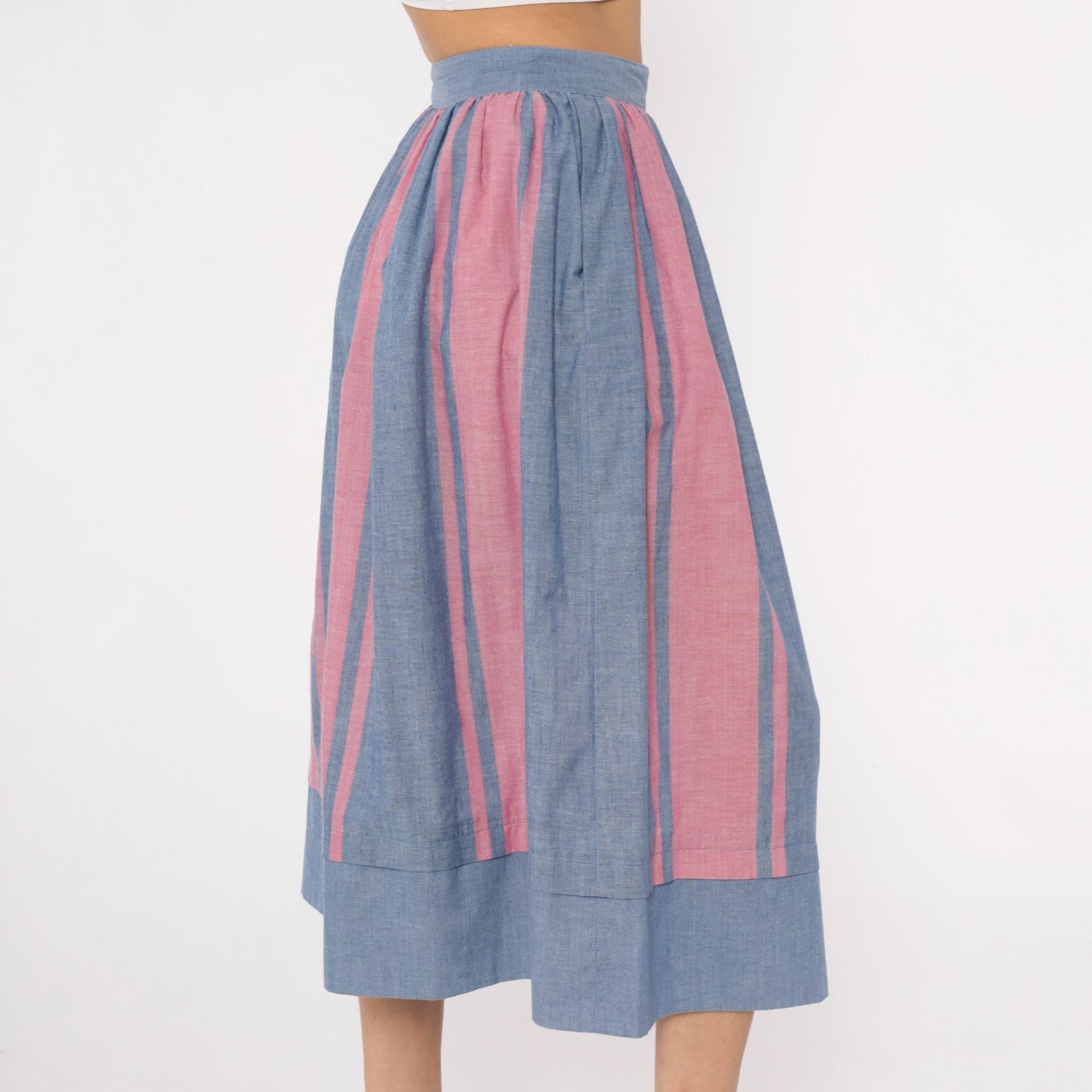 80s Blue Pink Striped Midi Skirt High Waist Gathered Full Skirt Small S