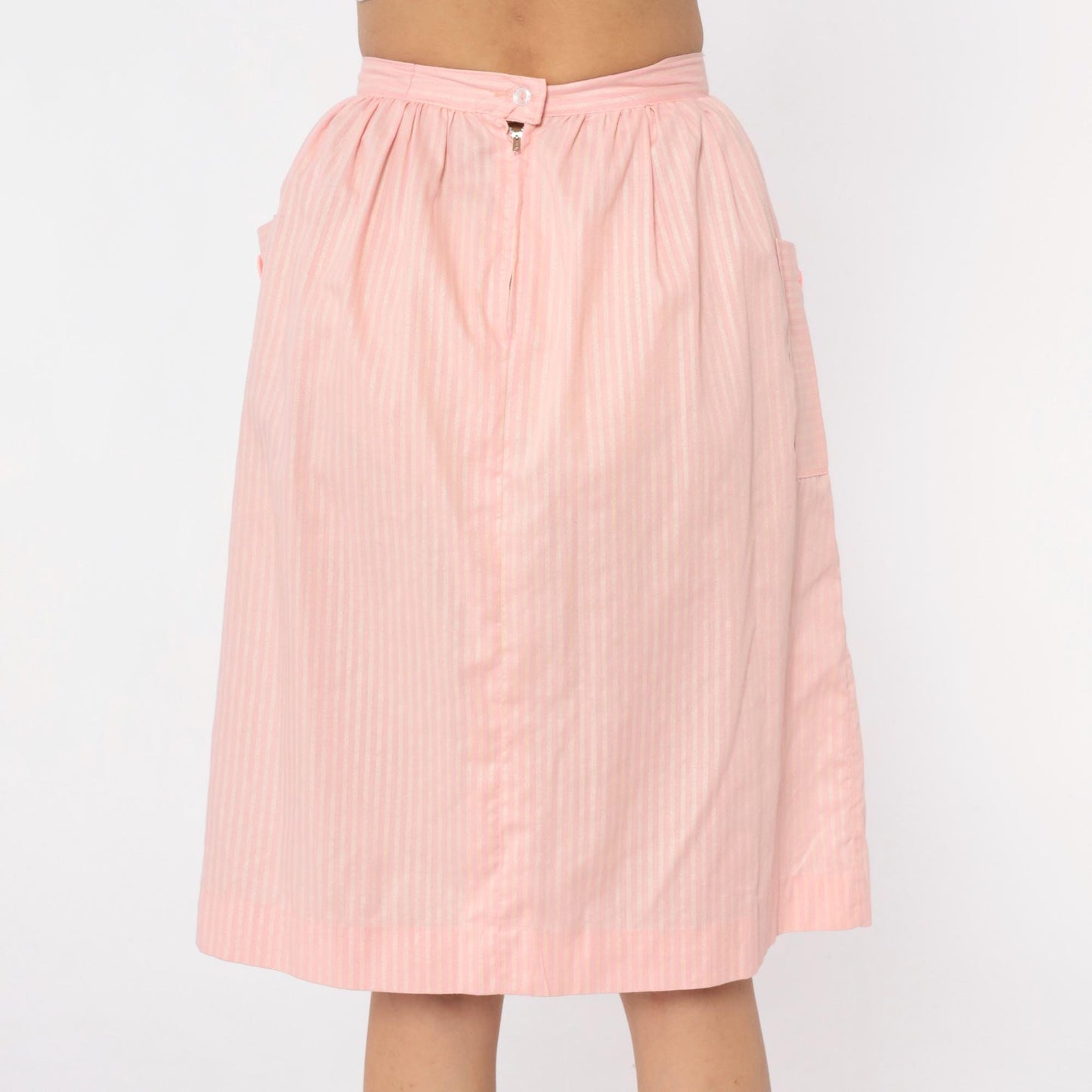 60s Pink Striped Cotton Skirt High Waist Pleated Knee Length Extra Small XS